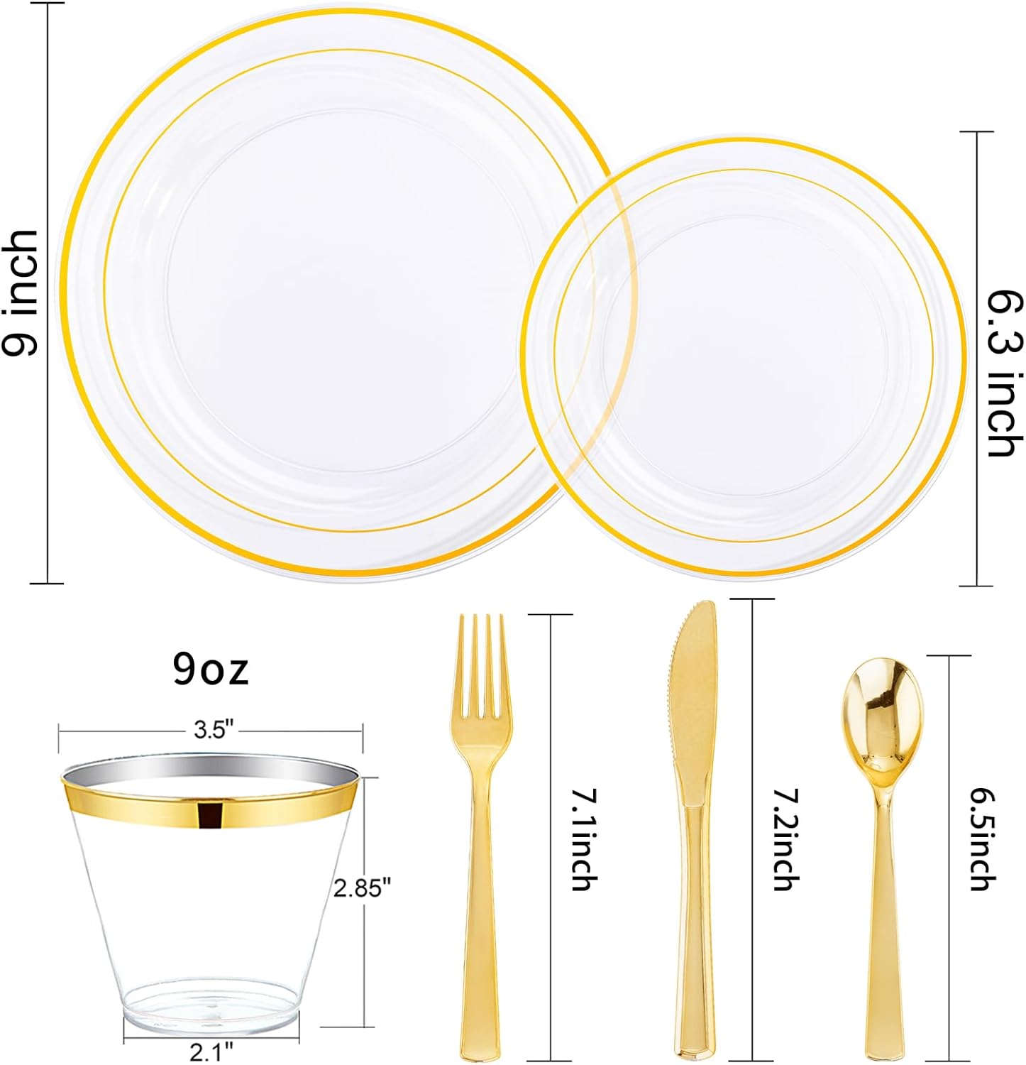 Alternative view of WELLIFE 600pc Gold Trim Plastic Dinnerware Set for Party: 100 Dinner Plates, 100 Dessert Plates, 300 Cutlery, 100 cups