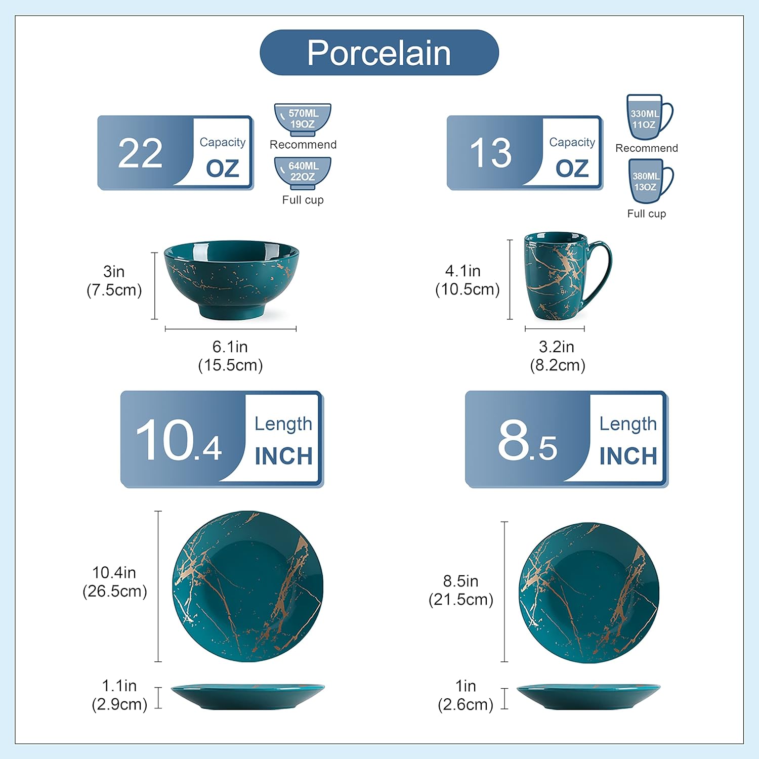 Alternative view of LOVECASA Porcelain Dinnerware Sets for 4, 16 PCS Plates and Bowls Set, Color Glaze with Gold Plate Dish Set, Dinner Sets with Dinner Plates, Dessert Plate, Bowls and Mugs, Dark Green