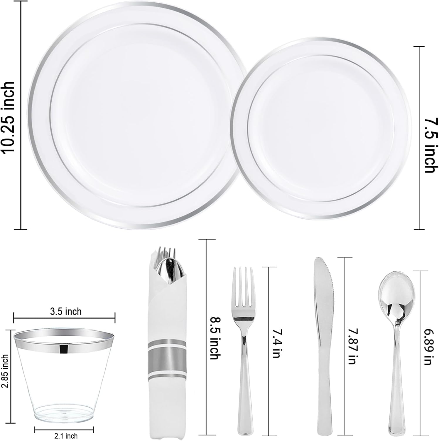 Alternative view of WELLIFE 210 Piece Silver Plastic Dinnerware Set for 30 Guests, Plastic Plates for Party, Include: 30 Dinner Plates, 30 Dessert Plates, 30 Pre Rolled Napkins with Silver Silverware and 30 Silver Cups