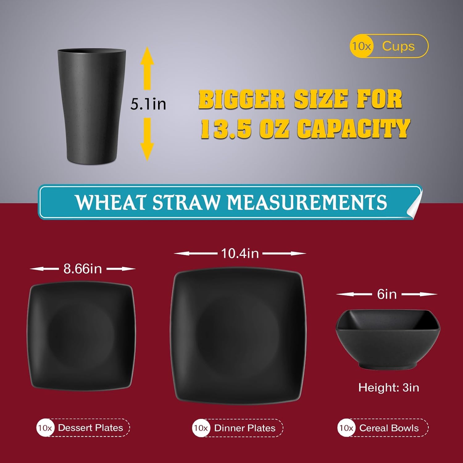 Teivio 40-piece Plastic Wheat Straw Square Dinnerware Set,Service for10, Unbreakable Dinner Plates, Salad Plates, Snack Bowls, Tumblers 13.5 oz, Dishwasher Safe, Kitchen Outdoor Camping Dish, Black