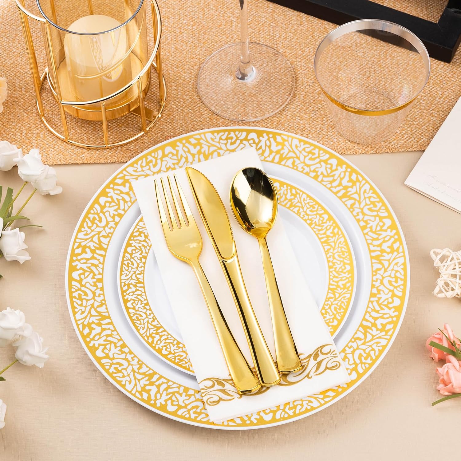 Bestluck 700PCS Gold Plastic Dinnerware Set for 100 Guests, Disposable Plates for Party, Include 100 Gold Dinner Plates, 100 Dessert Plates, 100 Set Silverware, 100 Cups, 100 Napkins