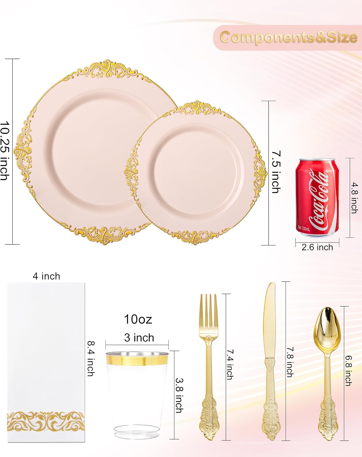 Alternative view of Nervure 350PCS Pink Plastic Plates - Pink Dinnerware Sets for 50 Guests - 100 Disposable Plates, 150 Gold Plastic Silverware, 50 Cups, 50 Napkins for Wedding & Party