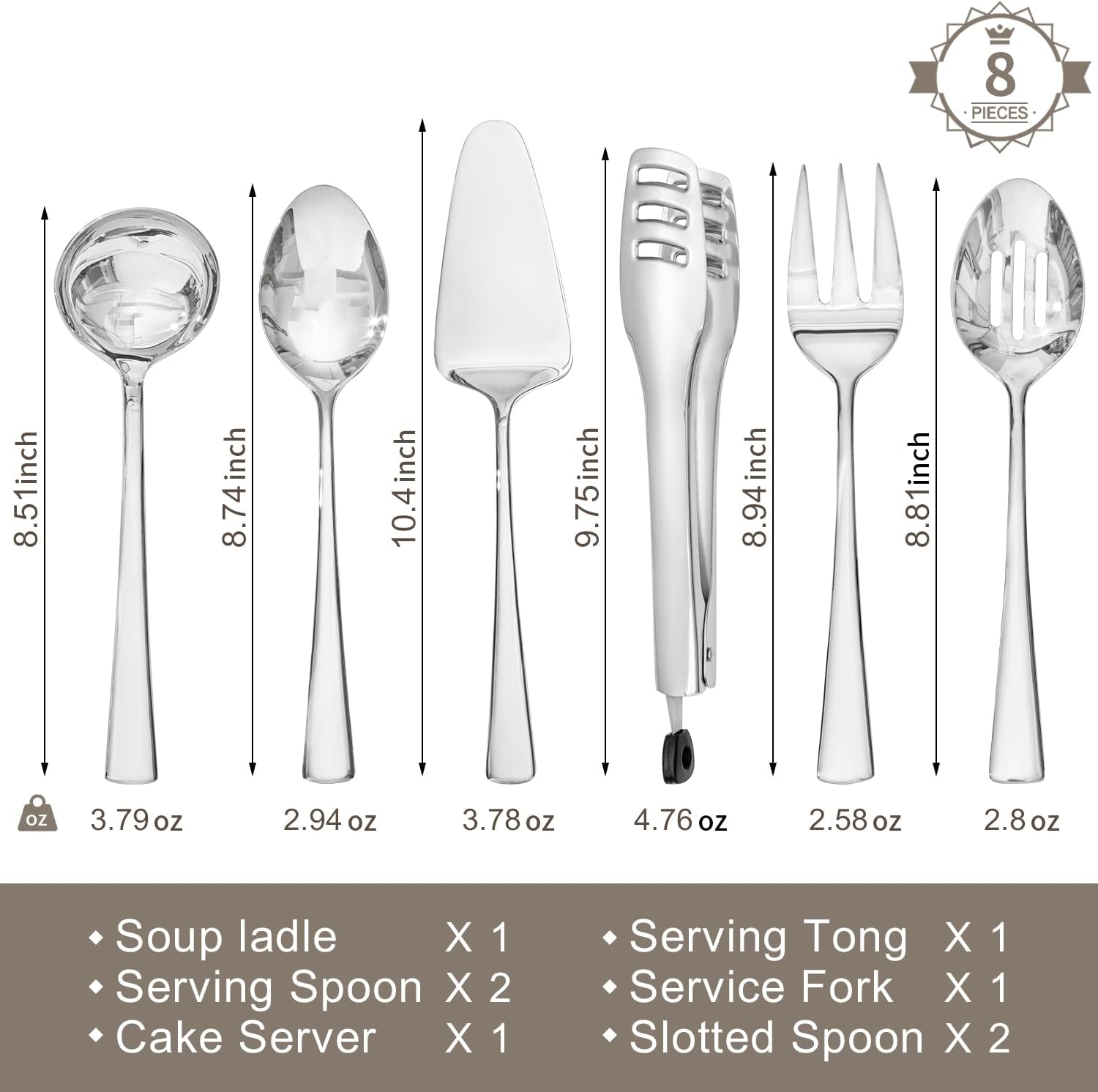 Alternative view of KINGSTONE 8 Piece Serving Utensils Set, 18/10 Stainless Steel Serving Utensils, Slotted Spoon, Serving Spoon, Fork, Tong, Soup Ladle, Cake Server for Buffet, Parties, Kitchen