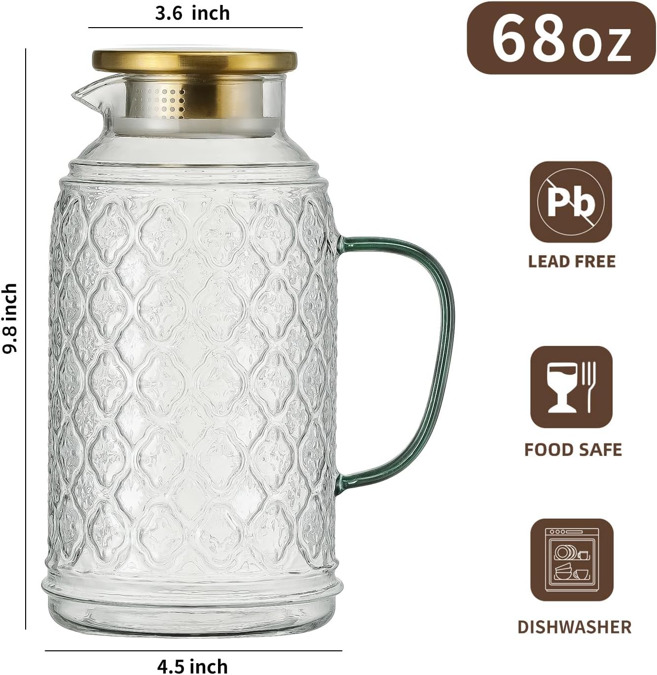 Alternative view of Buaic Glass Pitcher with Lid, 2 PACK 68 oz/2 Liter Vintage Water Pitcher, Clear Borosilicate Glass Water Carafe for Cold Brew, Coffee, Lemonade, Iced Sun Tea,Beverage, Milk, Heat Resistant