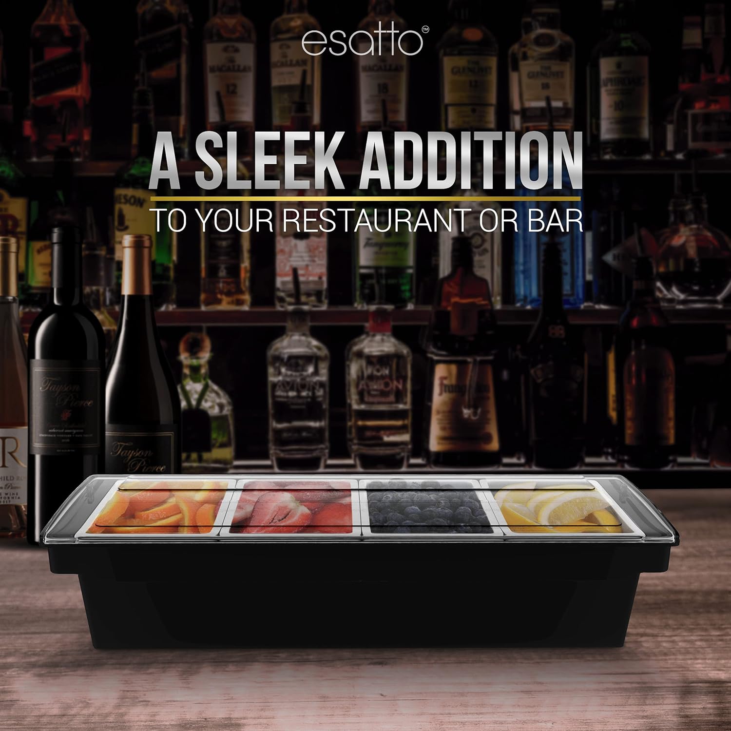 Esatto Bar Supplies Condiment containers with lids 4-1.5 Pint Bar Cart Accessories Bartender Fruit Tray Condiment Caddy Bar Tray Pizza Topping Station with 12 Pourers 12 Pourer Covers and 1 Muddler