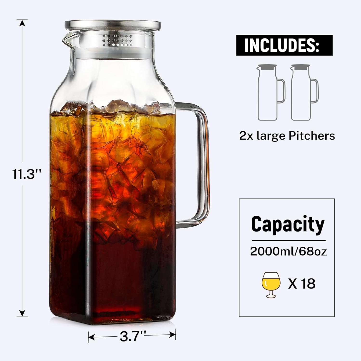 Alternative view of Netany 2 Pack 2 Liters/68 oz Square Glass Pitcher with Lid and Handle for Fridge, Iced Tea and Coffee Carafe Beverage Serveware, Heat Resistant Borosilicate Water Jug for Hot/Cold Drinks and Milk