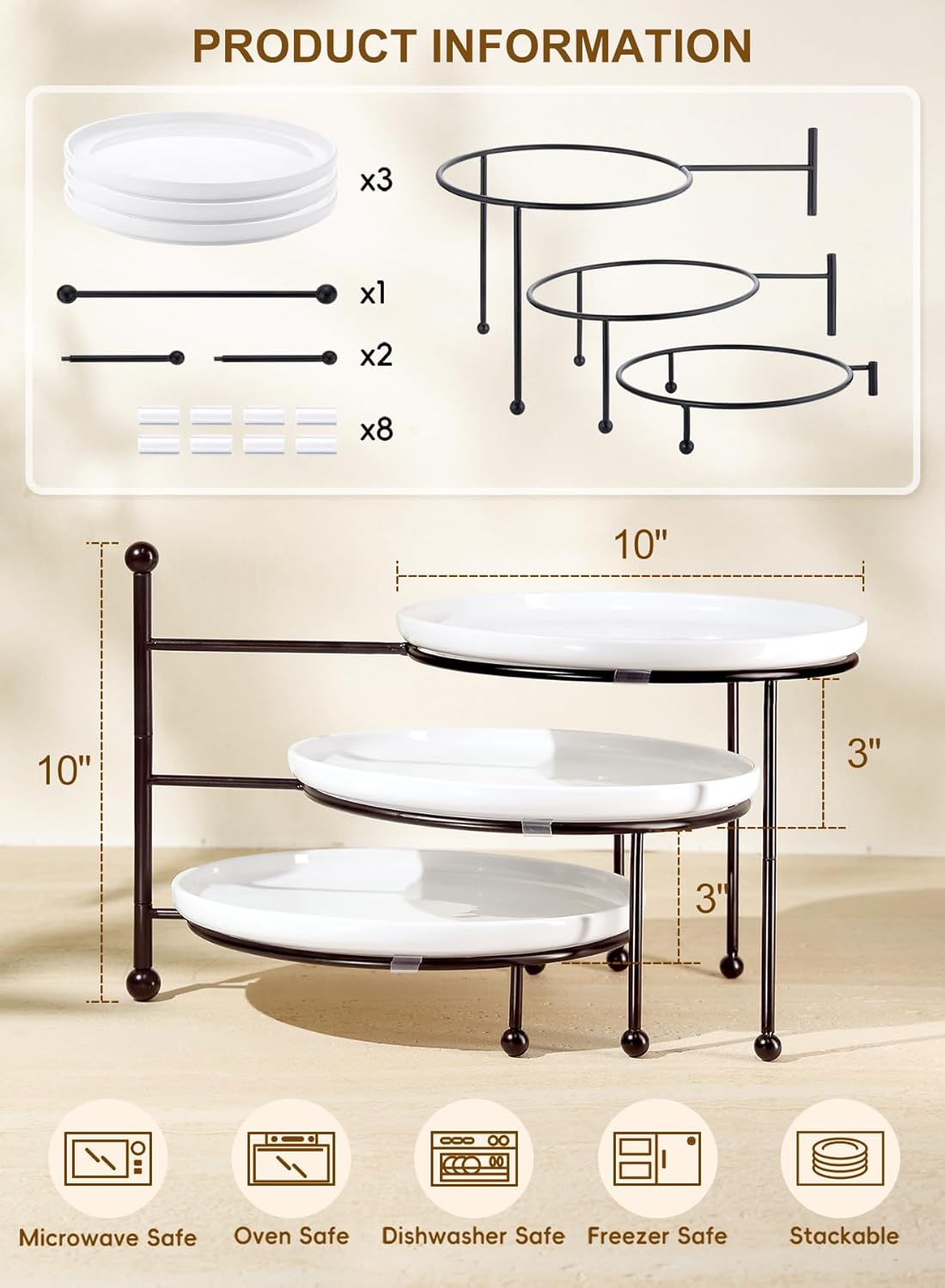 Yedio 3 Tiered Serving Stand with White Porcelain Plates, 10" Round Tray, Dessert Table Display Set, Round Dishes with Black Metal Display Stand for Veggie, Fruit, Cookies, Black