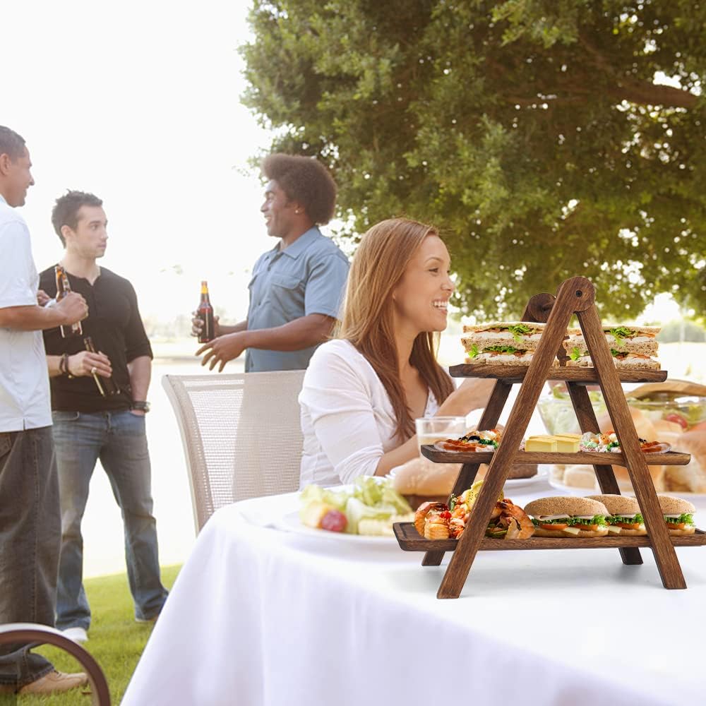 Manspdier Wood 3 Tier Serving Tray Three Tiered Cupcake Stand, Rectangle Serving Platter Wooden Farmhouse Tiered Tray, Party Serving Brown Decorative Tray Decor