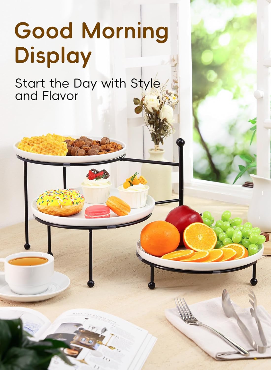 Alternative view of Yedio 3 Tiered Serving Stand with White Porcelain Plates, 10" Round Tray, Dessert Table Display Set, Round Dishes with Black Metal Display Stand for Veggie, Fruit, Cookies, Black