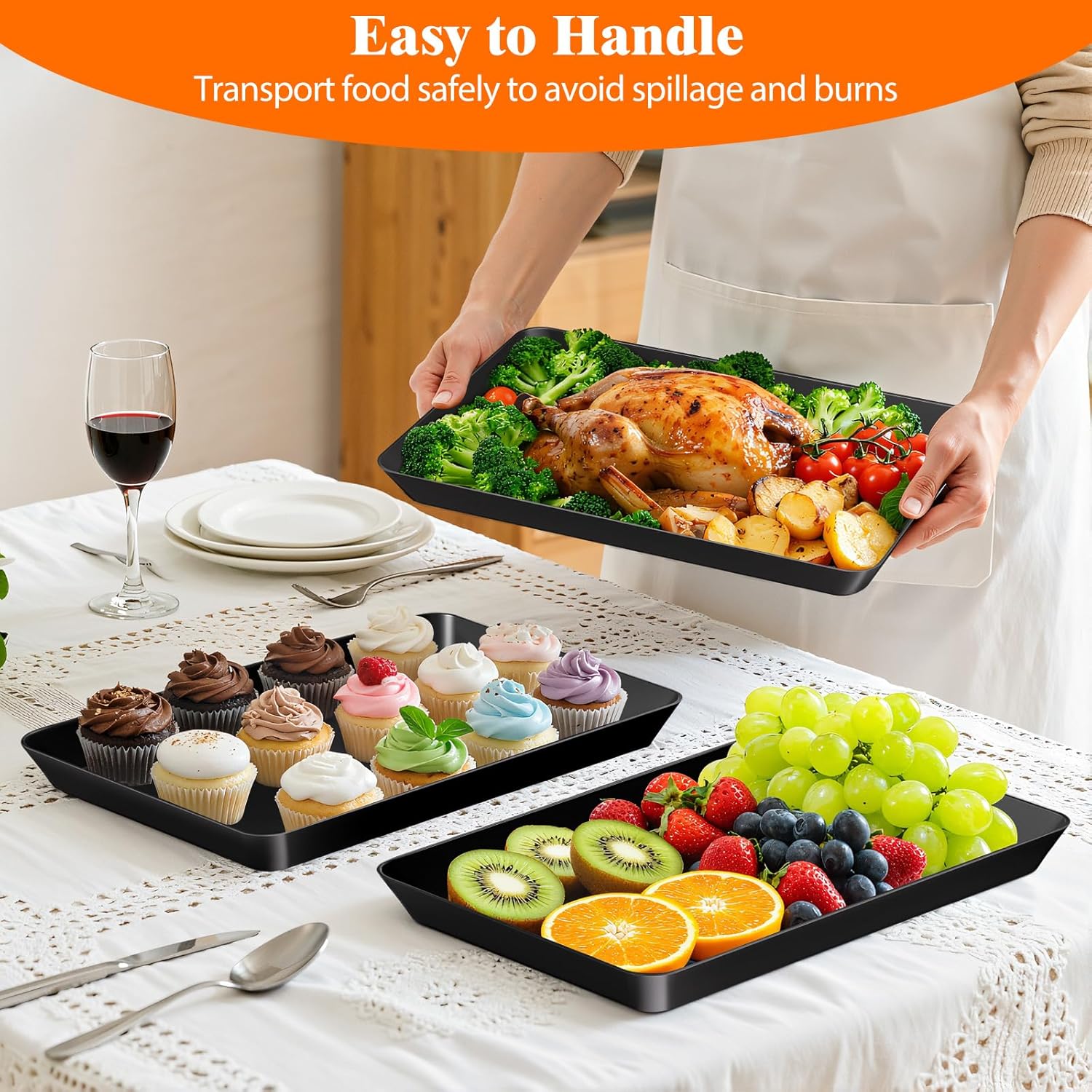 SpaceTrove 4-Pack Serving Tray Set, Reusable Plastic Serving Platter for Party Supplies, Entertaining, Grilling Accessories, Stackable Kitchen Snack Box Container for Dessert, Fruit, Cookie, (Black)