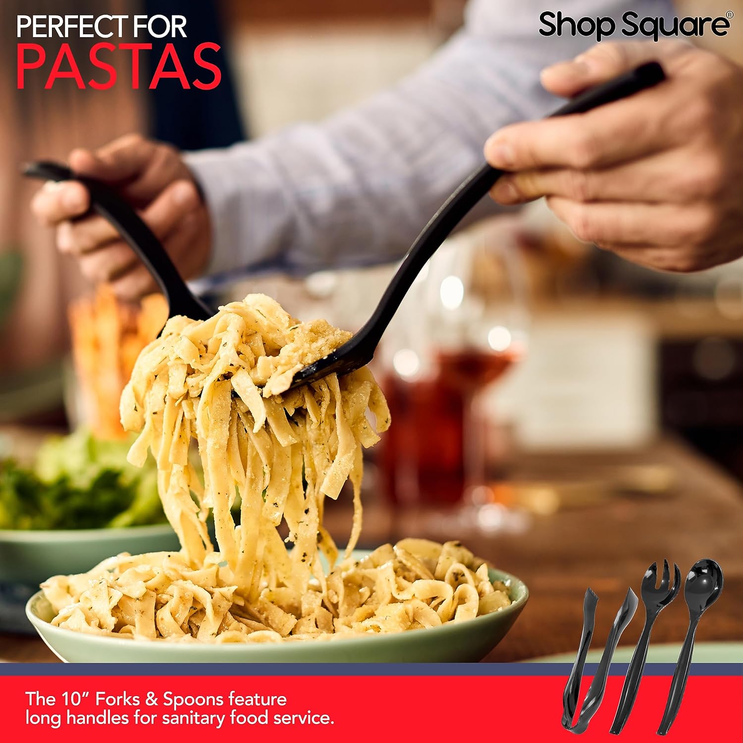 Disposable Plastic Serving Set - 18 Black Utensils, 6" Tongs, 10' Spoons, 10' Forks, Buffet & Party Use