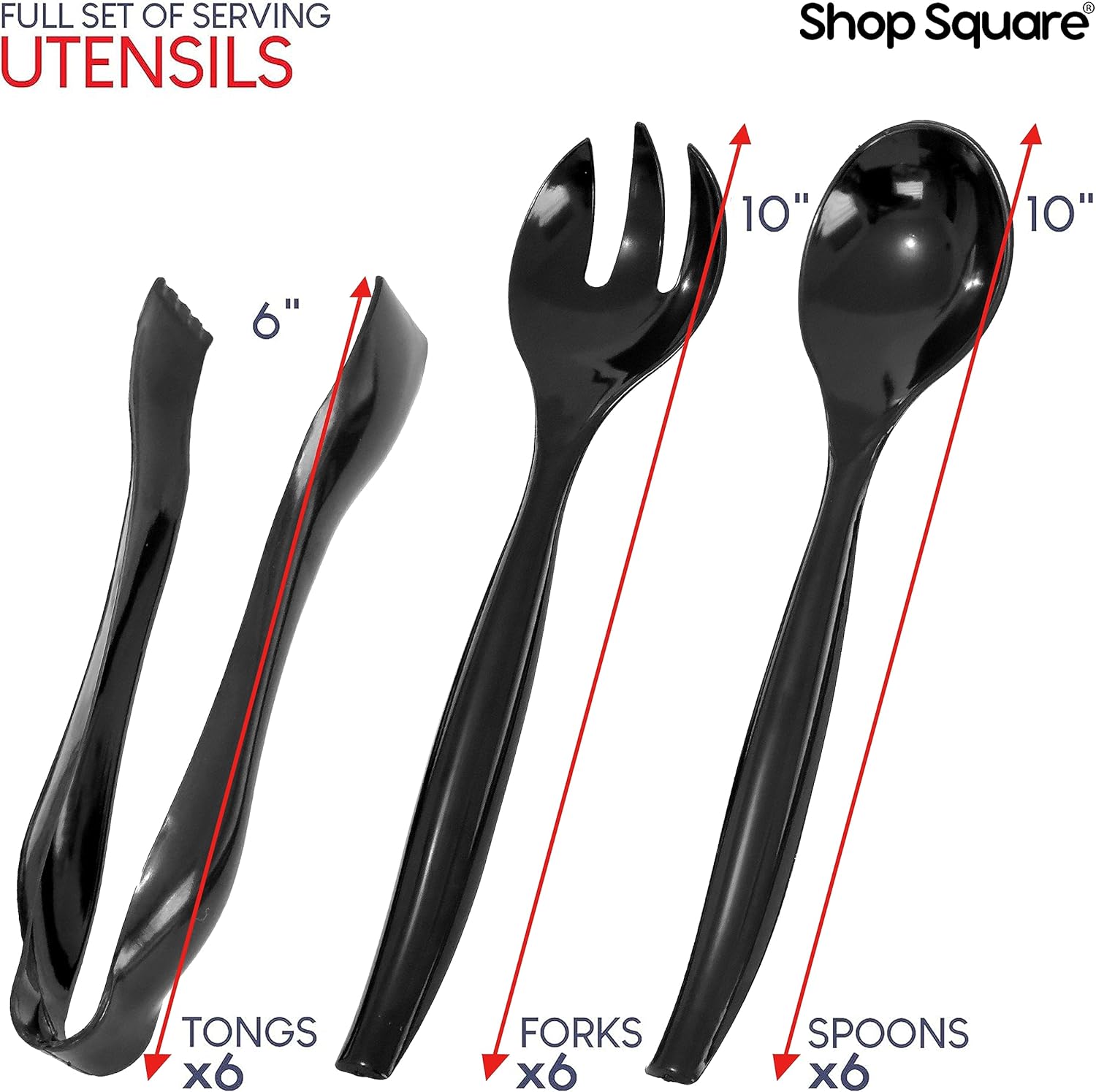 Alternative view of Disposable Plastic Serving Set - 18 Black Utensils, 6" Tongs, 10' Spoons, 10' Forks, Buffet & Party Use