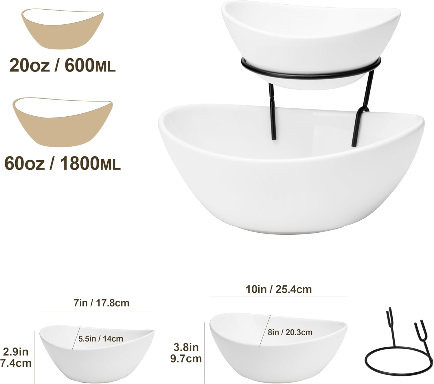 Alternative view of MALACASA 2 Tier Chip and Dip Serving Set with Metal Stand,Ceramic Appetizer Bowls for Party, Multi-Use Food Display for Fruits, Snacks,White Elegant Tiered Serving Dishes for Party