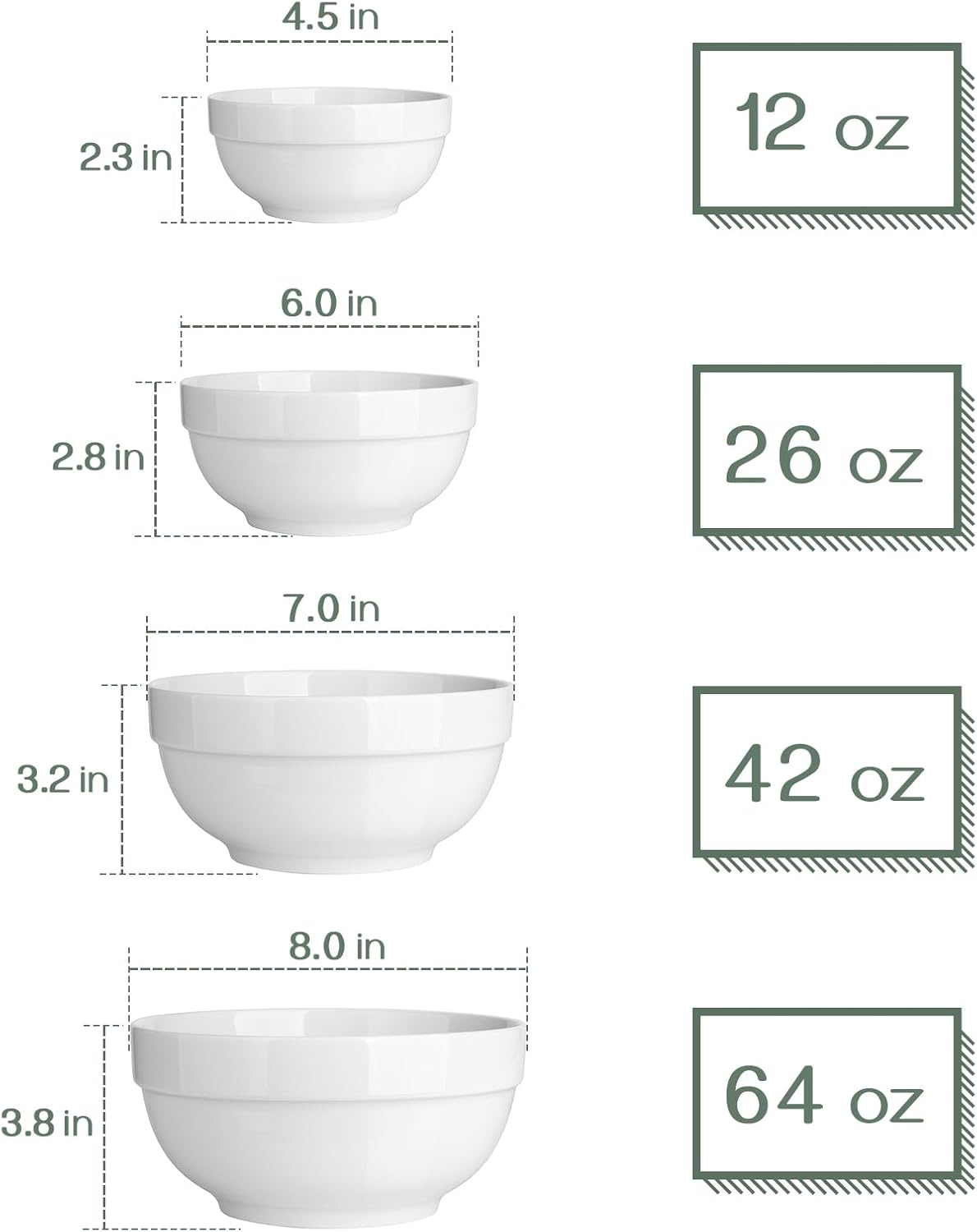 Alternative view of DOWAN Serving Bowls, 64/42/22/12 Oz Serving Dishes for Entertaining, Soft White Porcelain Nesting Bowls Set, Microwave & Dishwasher Safe, Versatile Prep Bowls for Fruit Salad Pasta Dessert Cereal