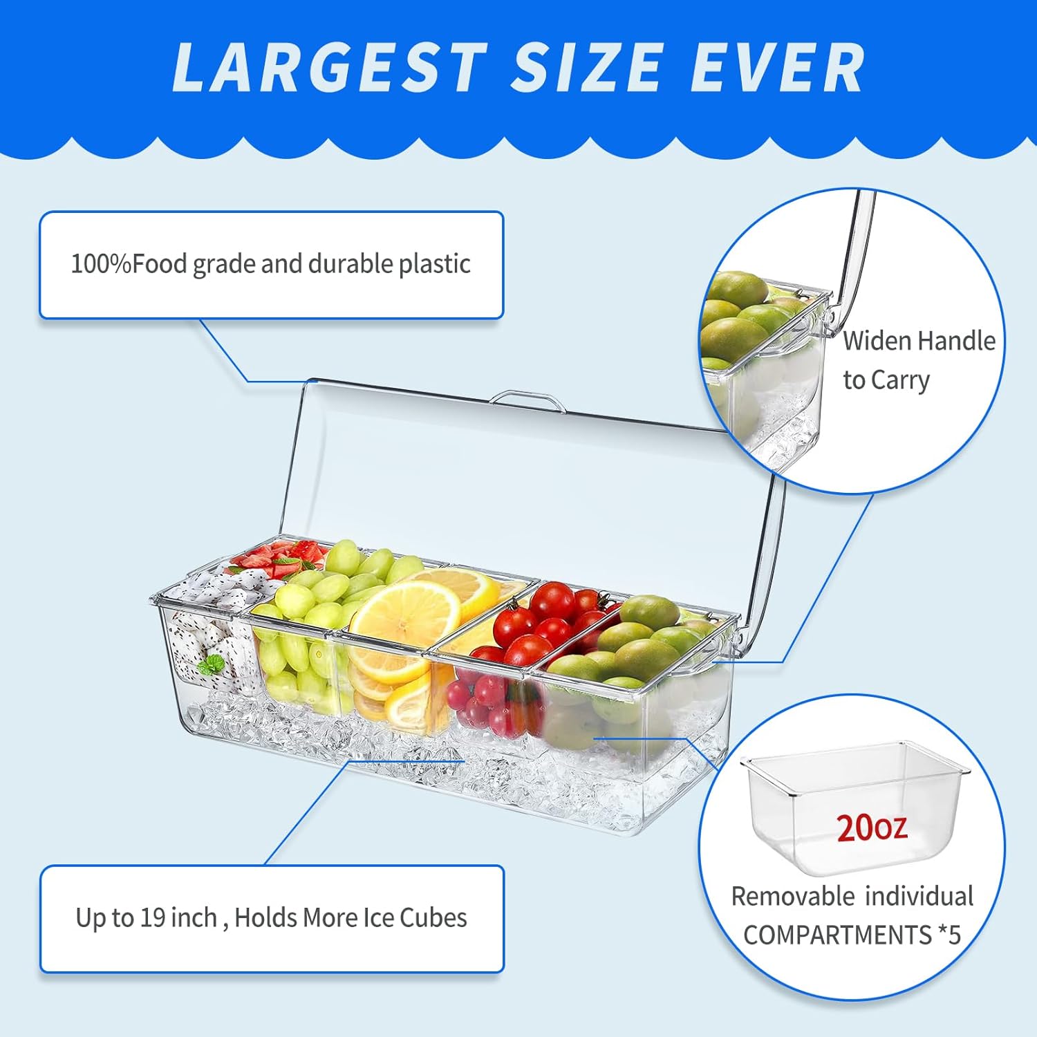 Alternative view of Large Ice Chilled Condiment Caddy，Chilled Condiment Containers Server with Lids for 5 Removable Compartments (2.5 cup)，Serving Platters, Fruit & Garnish Tray for Party Supplies & Bar Accessories