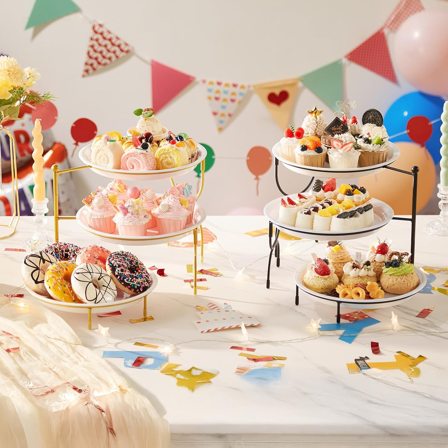 Lifewit Plastic 3 Tier Serving Tray Platter for Party Entertaining, 10" × 10" Large Dessert Table Display Set, White Reusable Round Dishes with Gold Metal Display Stand for Veggie, Fruit, Cookies
