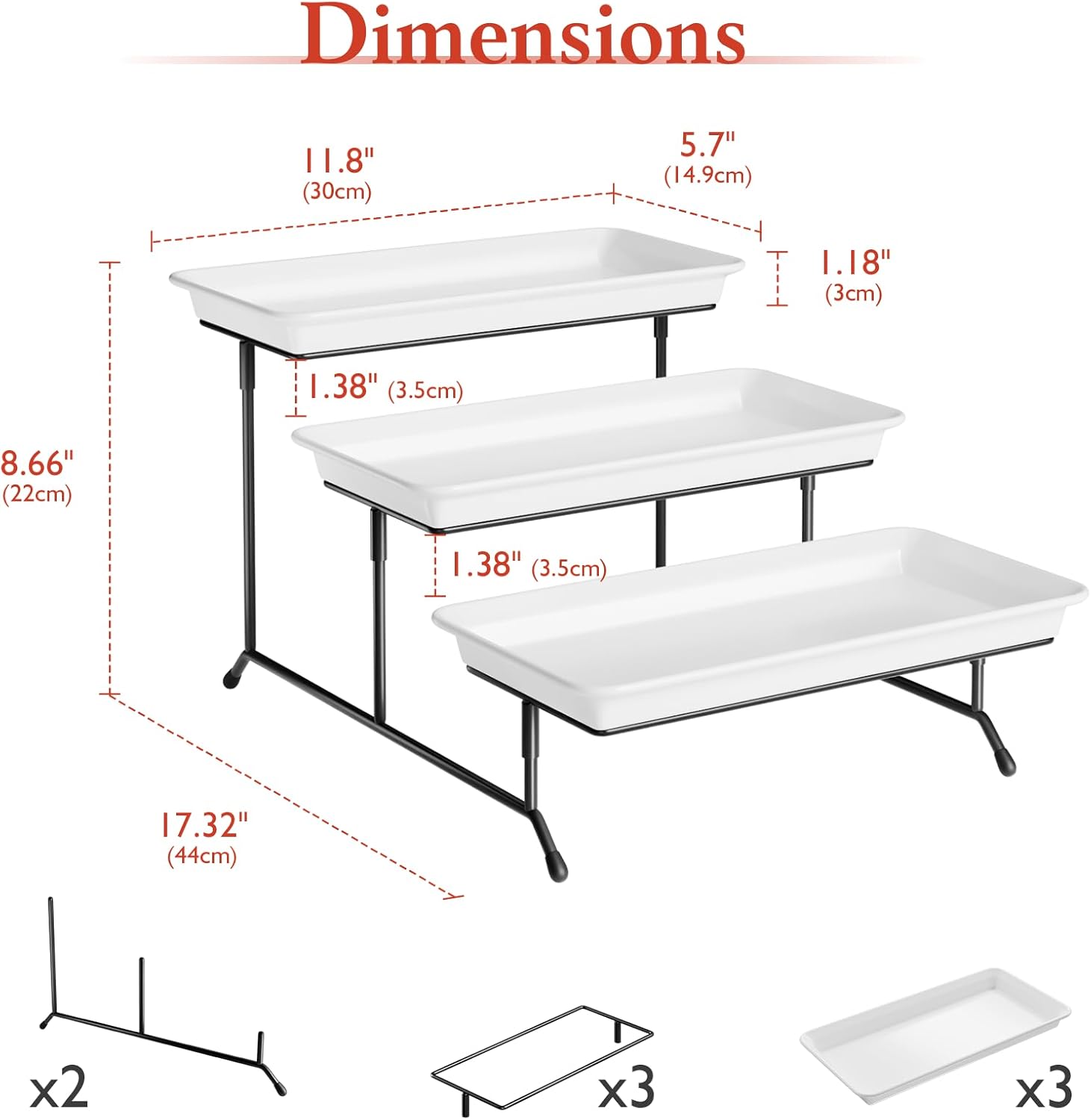 3-Tier Melamine Serving Tray Set, 11.5" x 5.6" Platters for Serving Food, White Reusable Trays with Black Metal Display Stand for Cupcakes, Sevring Food, Dessert, Fruit, Cookie, Black