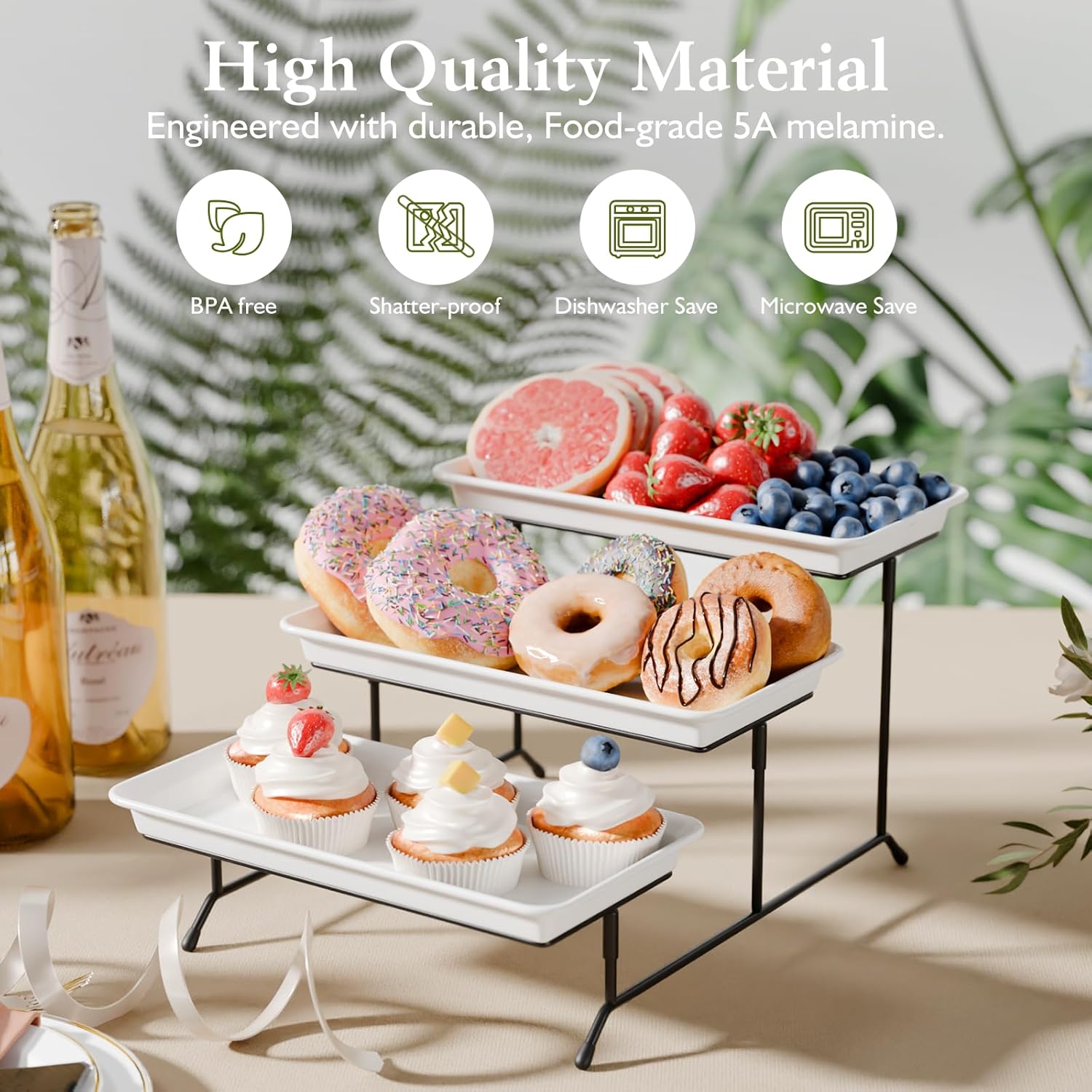 Alternative view of 3-Tier Melamine Serving Tray Set, 11.5" x 5.6" Platters for Serving Food, White Reusable Trays with Black Metal Display Stand for Cupcakes, Sevring Food, Dessert, Fruit, Cookie, Black