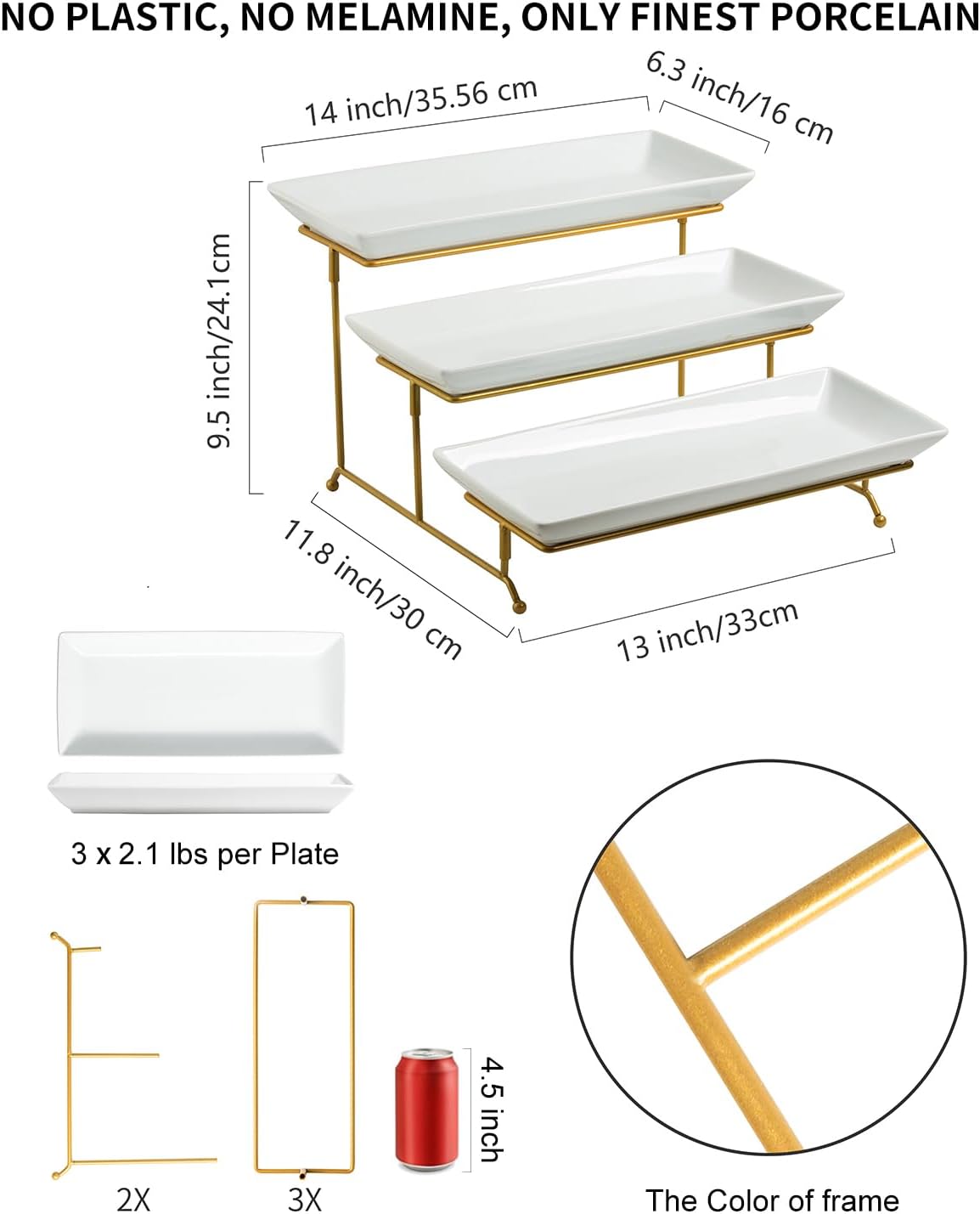 Alternative view of LAUCHUH Large 3 Tier Serving Stand Tiered Serving Trays with Collapsible Sturdier Rack Porcelain Serving Trays and Platters for Fruit Dessert Presentation Valentine's Day Party Display Set, 14 Inch