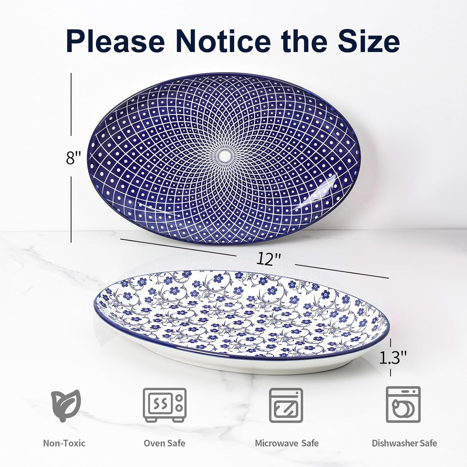 Alternative view of Selamica Serving Platters Ceramic, 12 Inch Serving Dishes for Party Entertaining, Oval Serving Plates for Sandwich, Appetizer, Fruit, Microwave Dishwasher Safe, Set of 4, Vintage Blue