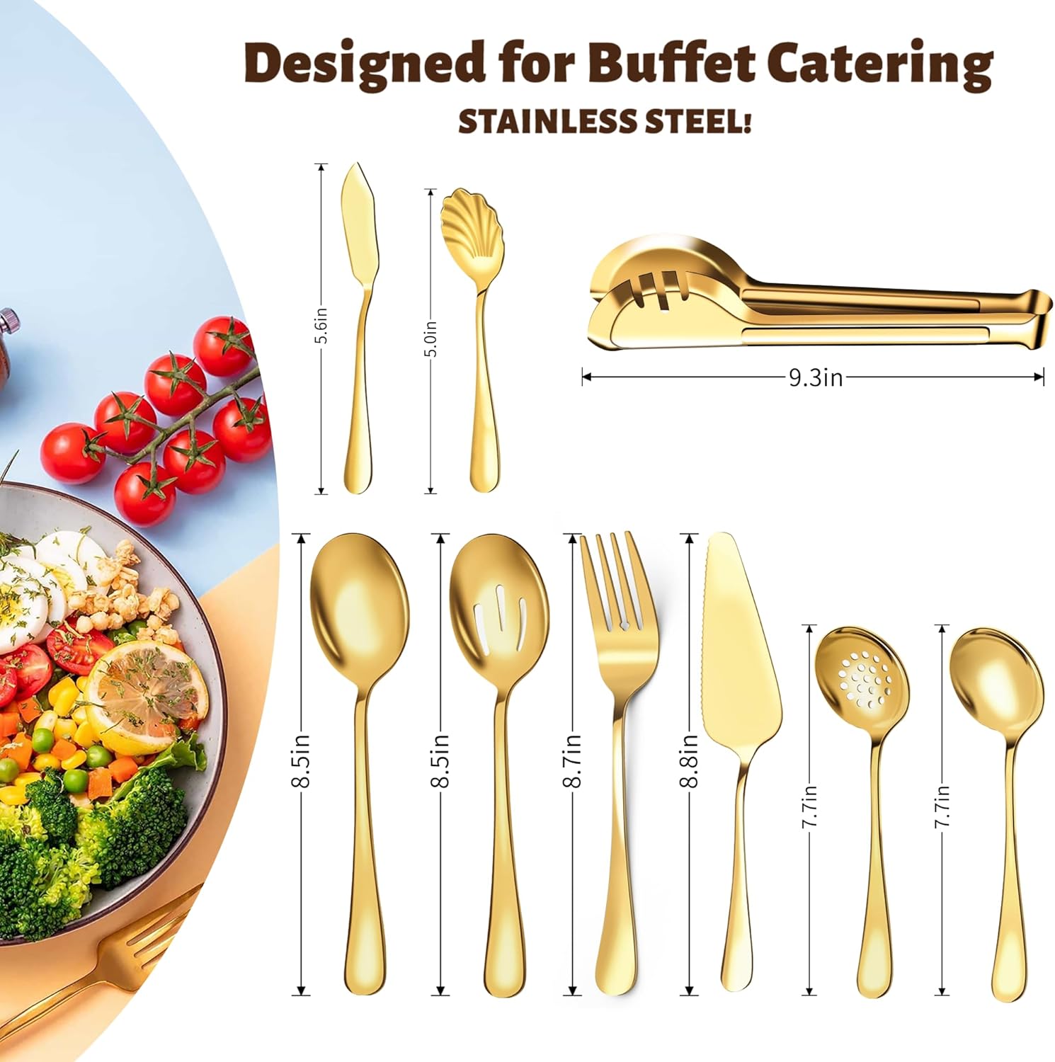 Alternative view of Serving Utensils Set for Buffet, 18 Pack Stainless Steel Serveware, Large Spoons, Slotted Spoon, Forks, Tongs, Butter Knife, Shell Spoons, Soup Ladle, Pie Server, for Party Festival Family, Gold