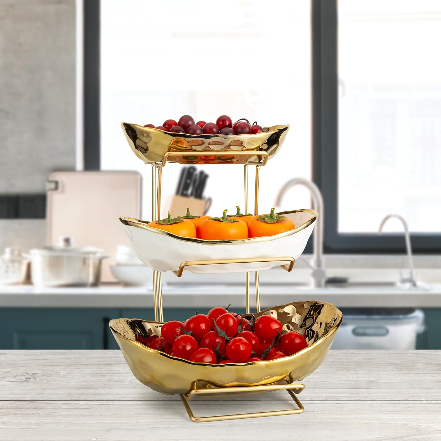 MEIGLQEA 3-Tier Gold Fruit Bowl & Tray with Metal Stand - Ceramic White, Triple Layer for Snacks, Nuts, Bread & Candy Storage