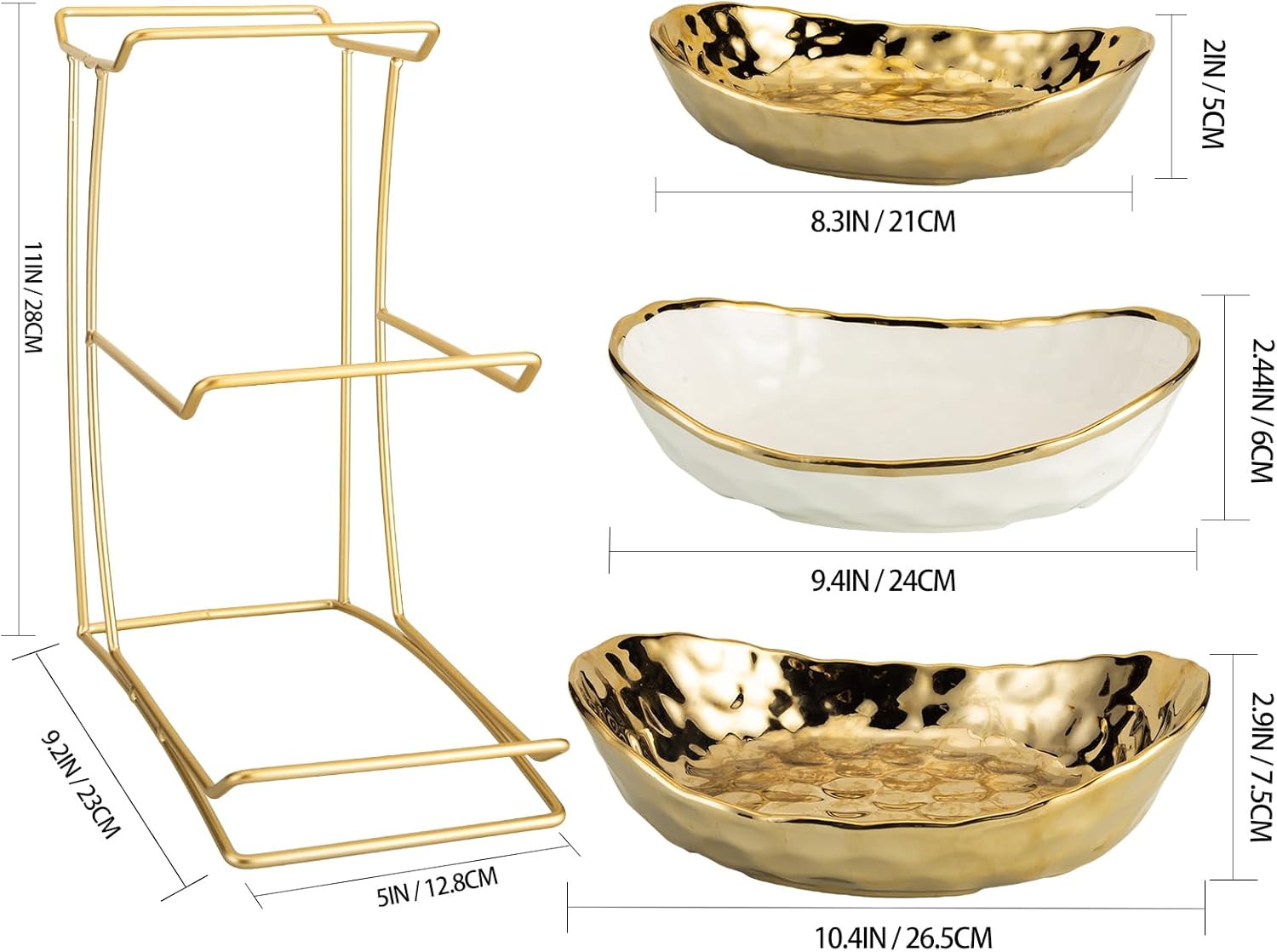 Alternative view of MEIGLQEA 3-Tier Gold Fruit Bowl & Tray with Metal Stand - Ceramic White, Triple Layer for Snacks, Nuts, Bread & Candy Storage