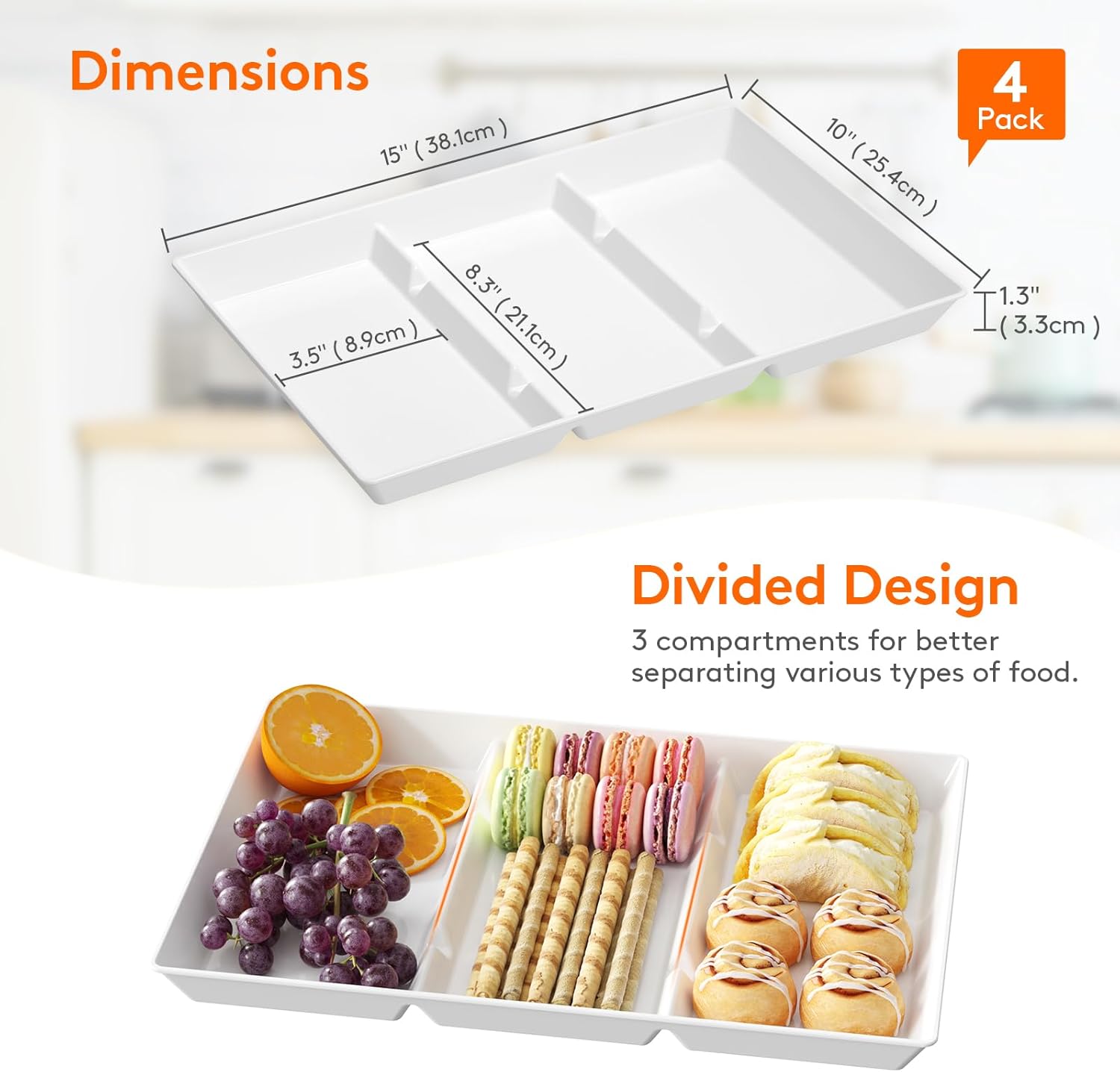 Alternative view of Lifewit Serving Tray Divided for Party Supplies, 4 PCS 15" x 10" Plastic Platters for Serving Food, White Reusable Tray for Veggie, Snack, Fruit, Cookies, Desserts in Kitchen/Pantry