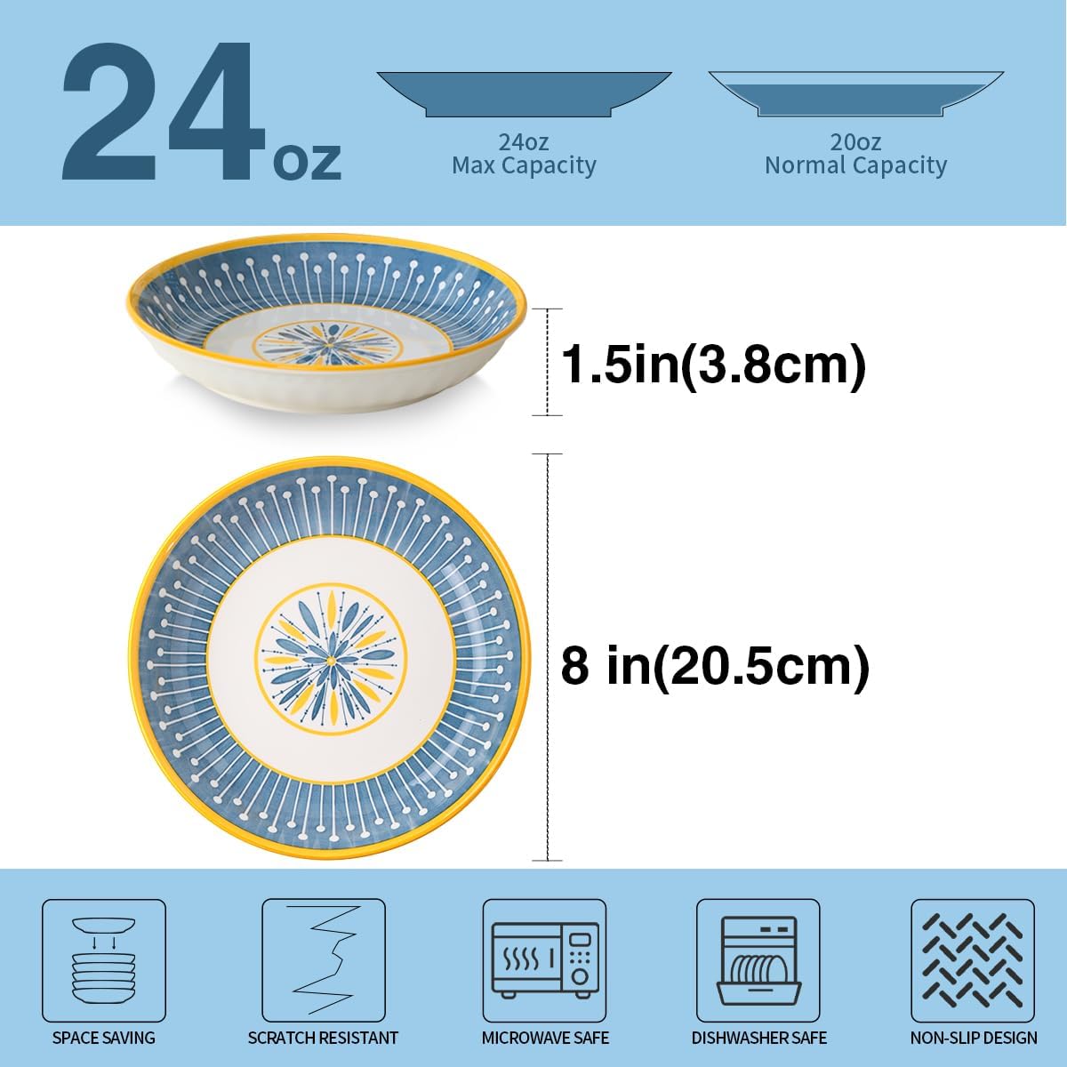 Alternative view of Yeacccng Pasta Bowls Set of 4, 24 Oz Ceramic Salad Bowls, 8 Inch Shallow Serving Bowls for Pasta, Salad, Oatmeal, Fruit, Easy to Clean, Dishwasher & Microwave Safe, Scratch-Resistant, Lead-Free