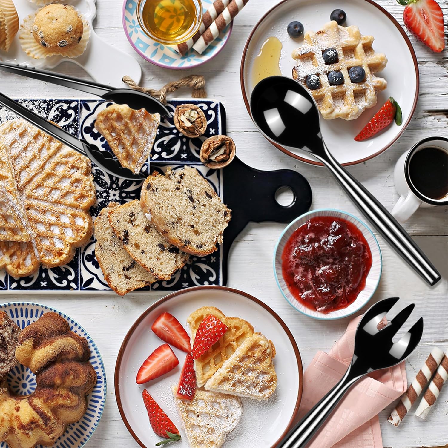 Dualshine 24 Pcs Disposable Black Plastic Serving Utensils,8 Set Including 9.72" Plastic Serving Spoons, Forks and 8.46" Tongs, for Dinner Parties, Buffets,Banquets, Events, Weddings, and Daily Use