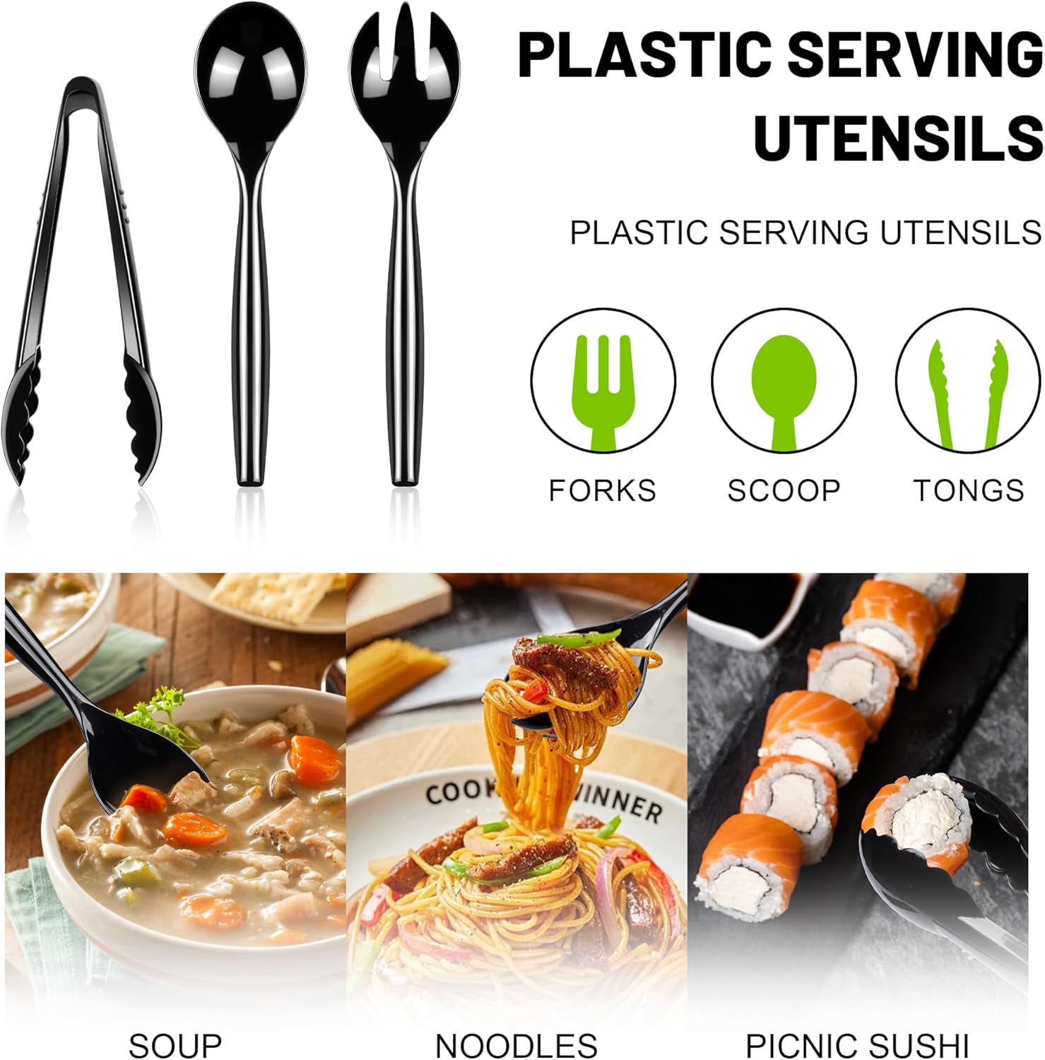 Alternative view of Dualshine 24 Pcs Disposable Black Plastic Serving Utensils,8 Set Including 9.72" Plastic Serving Spoons, Forks and 8.46" Tongs, for Dinner Parties, Buffets,Banquets, Events, Weddings, and Daily Use