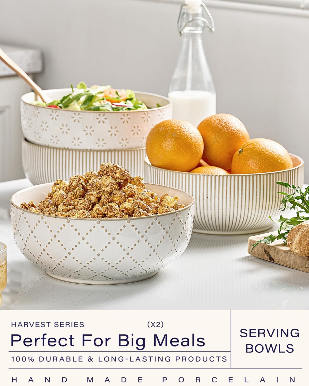 getstar Large Serving Bowls (8 inch & 60 fl oz), Ceramic Salad Bowl Set of 2, Microwave and Dishwasher Safe, Farmhouse Kitchen Decorative Bowls Set (Embossed Checks & Stars)