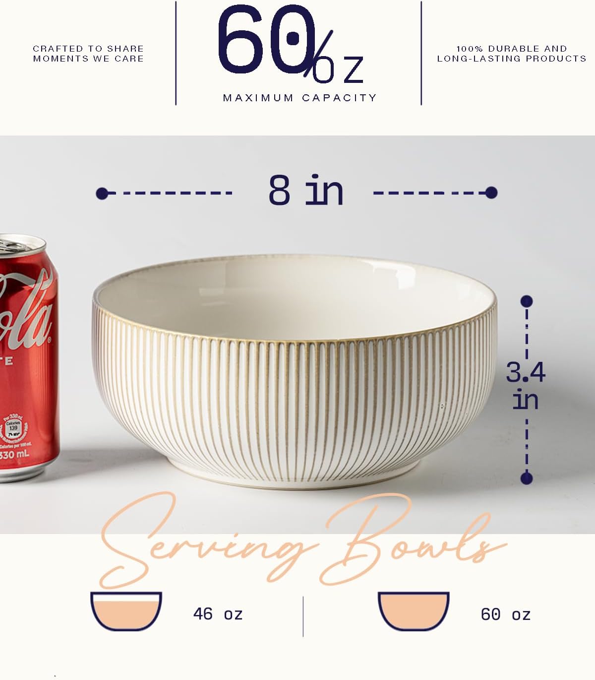 Alternative view of getstar Large Serving Bowls (8 inch & 60 fl oz), Ceramic Salad Bowl Set of 2, Microwave and Dishwasher Safe, Farmhouse Kitchen Decorative Bowls Set (Embossed Checks & Stars)