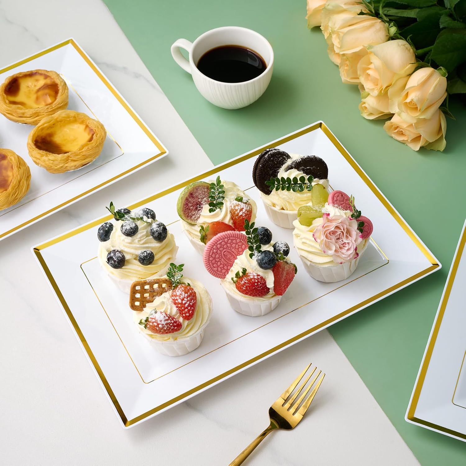 FOCUSLINE 8 PCS Plastic Serving Trays, White and Gold Rim Plastic Serving Platters, Disposable Tray for Food, Perfect for Wedding Parties