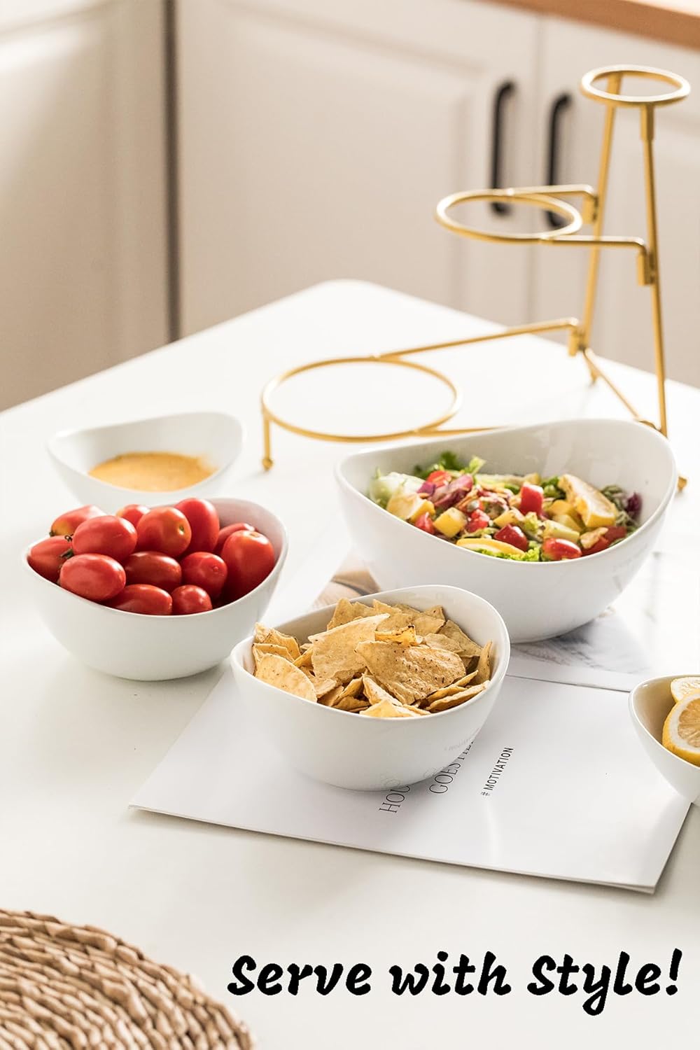 LAUCHUH 3 Tier Serving Stand Serving Dishes for Entertaining Porcelain Oval Bowl Set Tiered Serving Tray for Fruit, Vegetable, Nuts, Salad, Chip Dip Bowl Set for Valentine's Day, Gold