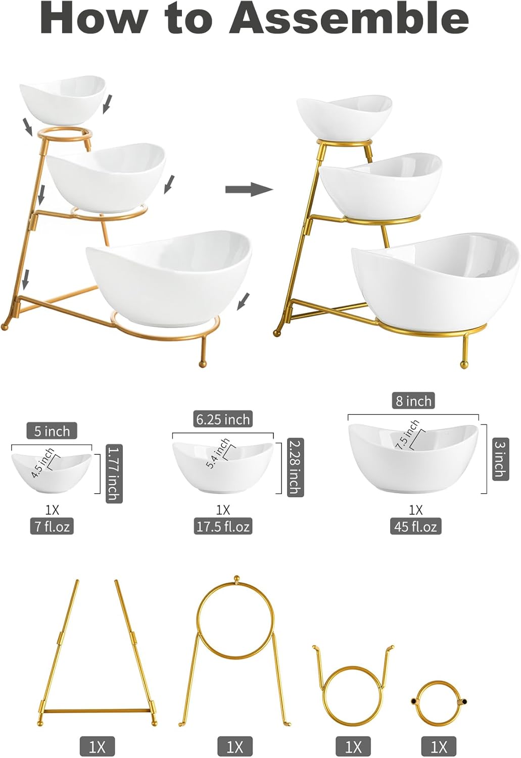 Alternative view of LAUCHUH 3 Tier Serving Stand Serving Dishes for Entertaining Porcelain Oval Bowl Set Tiered Serving Tray for Fruit, Vegetable, Nuts, Salad, Chip Dip Bowl Set for Valentine's Day, Gold