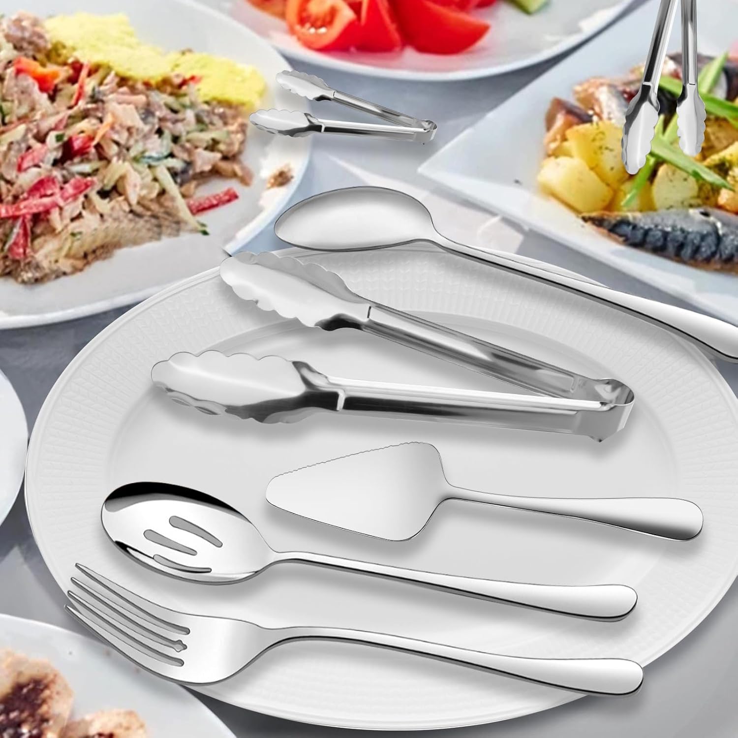 Serving Utensils, XEVOM 6-Piece Stainless Steel Serving Utensil Set Include Serving Spoon, Slotted Serving Spoon, Serving Fork,Serving Tong, Appetizers Tong,Pie Server (Silver), Regular