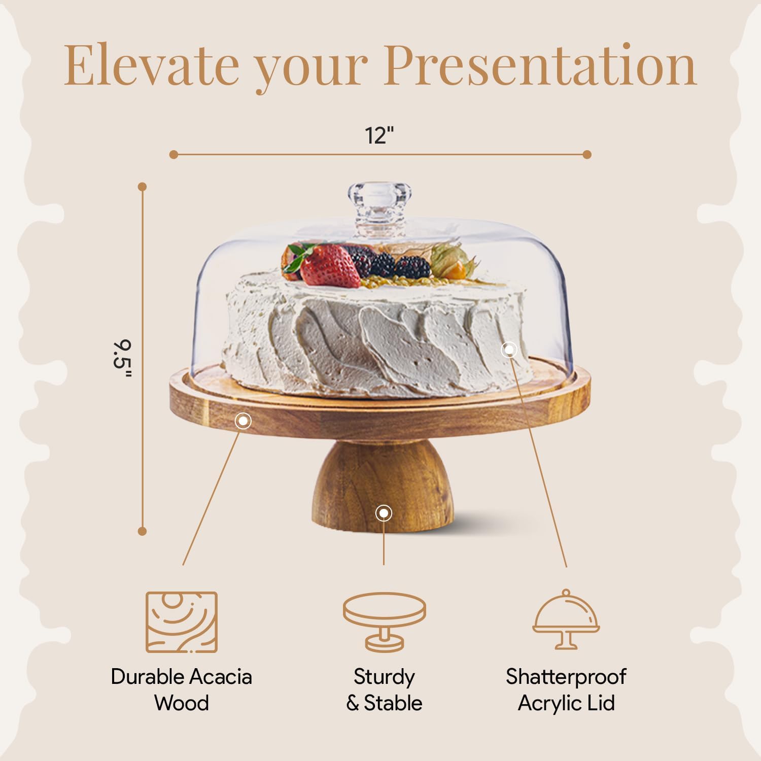 HOMESPHERE Acacia Wood Valentine Cake Stand with Dome Lid - 12in Round Holder for Valentine's Baking, 2-in-1 Dessert Display & Charcuterie Board, Valentine's Day Serving Platter, Large Acrylic Cover