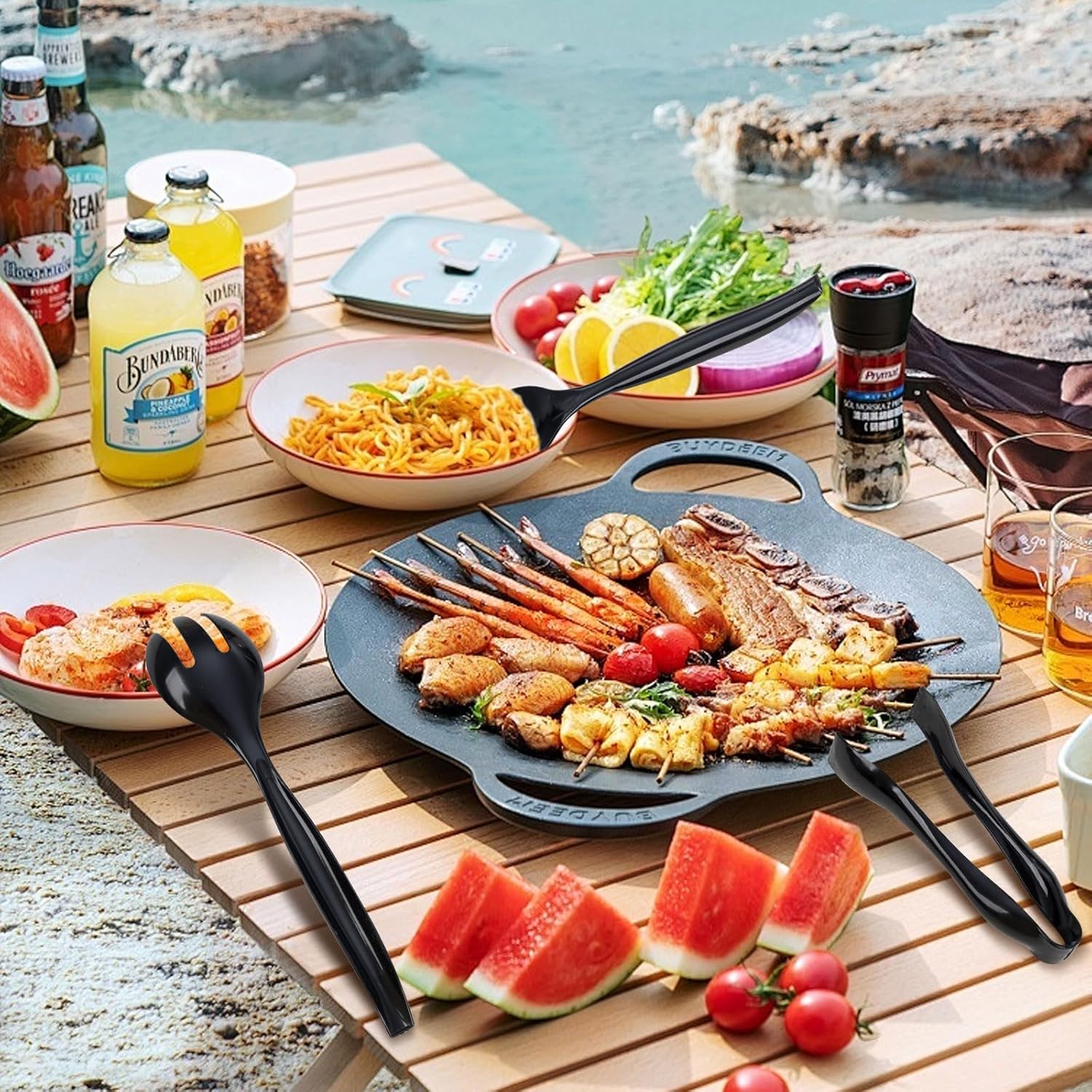 Supernal 72pcs Plastic Serving Utensils Heavy Duty Disposable Serving Tongs Black Disposable Serving Set 10" Spoons 10" Forks 6" Tongs Each 24pcs