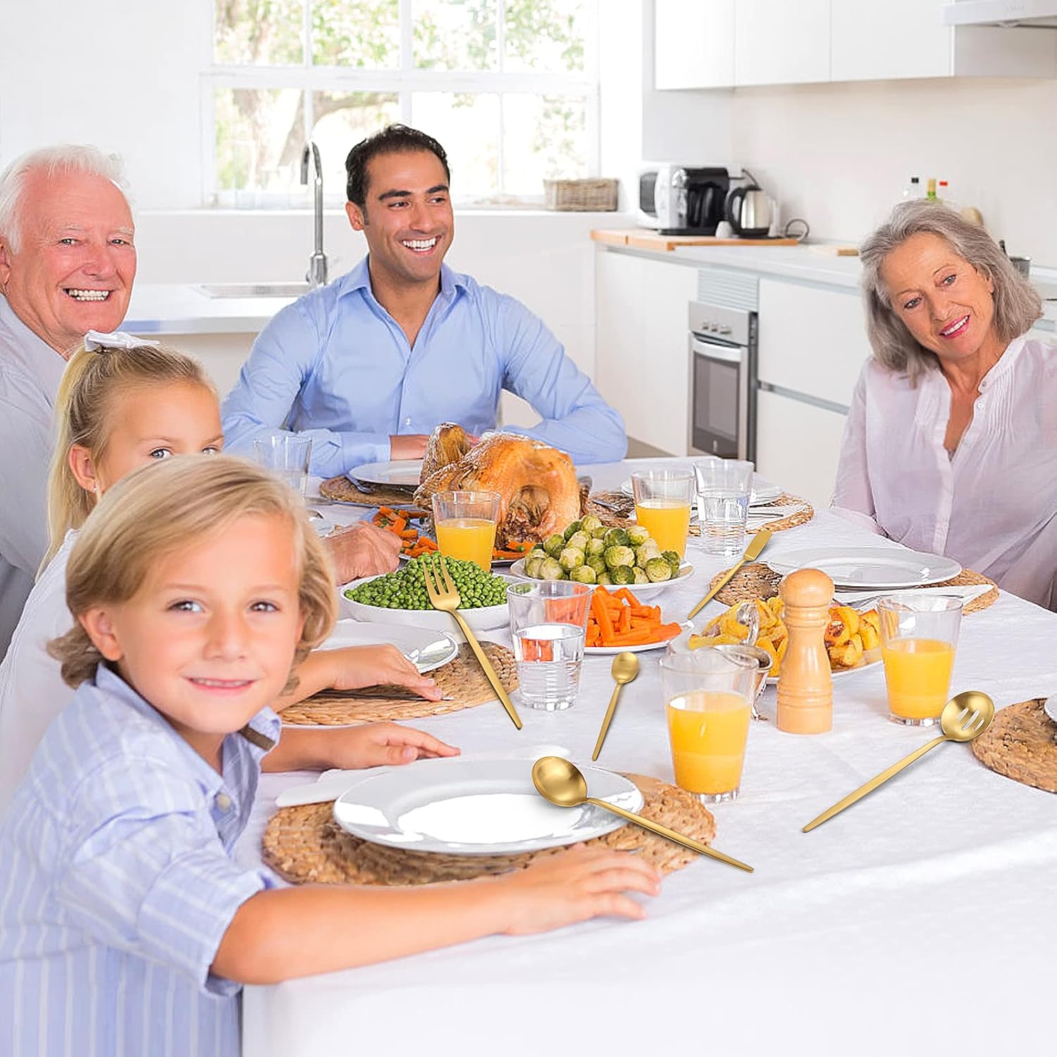 VANVRO Matte Gold Serving Silverware Set, 5-Piece Round Shared Utensils Set of Stainless Steel, Hostess Flatware Serving Set, Satin Finish, Dishwasher Safe