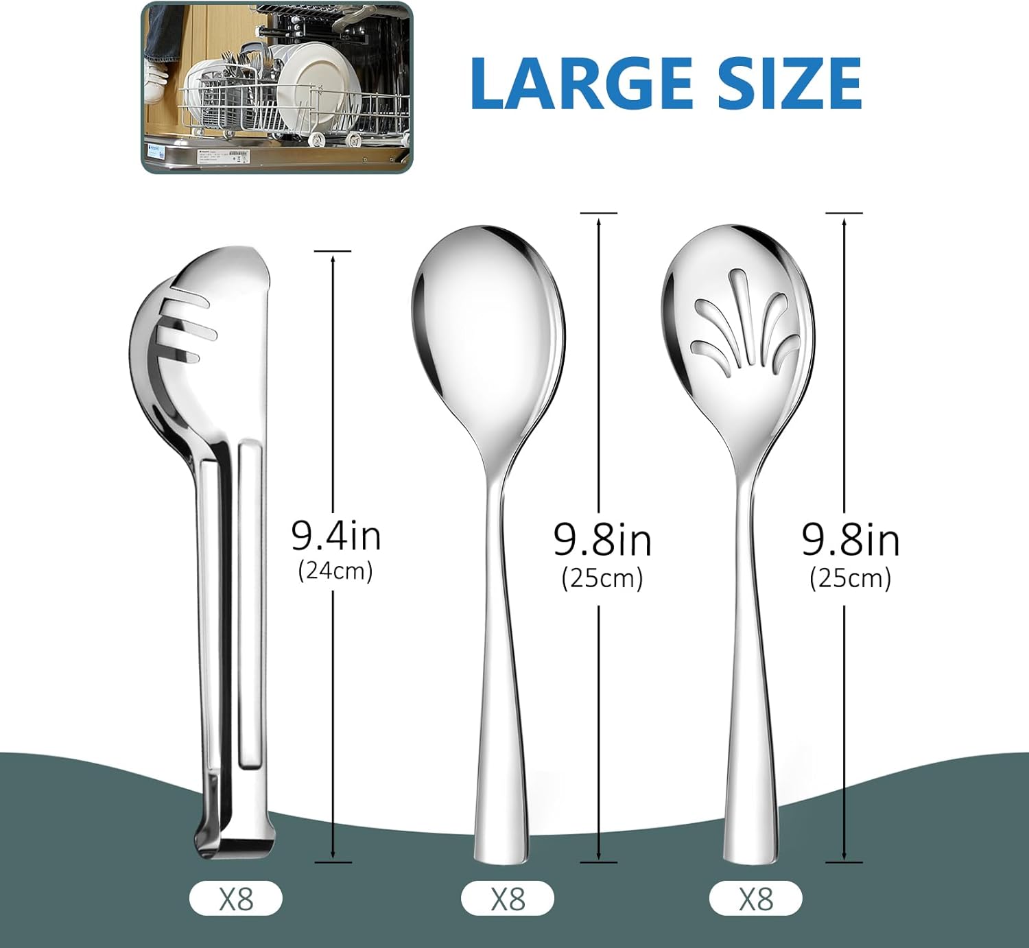Alternative view of 24 Pack Stainless Steel Large Serving Utensils Set - 10" Serving Spoons x 8, 10" Slotted Spoons x 8, and 9" Serving Tongs x 8 by Teivio, for Buffet, Chafing Dish, Catering Supplies (Silver)