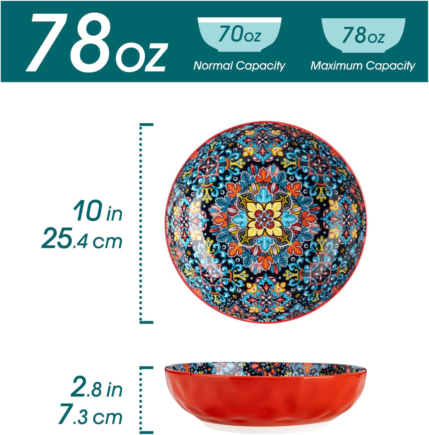 Alternative view of vancasso Large Serving Bowls, 78 Oz Extra Large Salad Bowls Set of 2, Bohemian Decorative Bowls for Salad, Fruit, Pasta and Dinner, Serving Dishes Set for Party, Dishwasher & Microwave Safe－Red