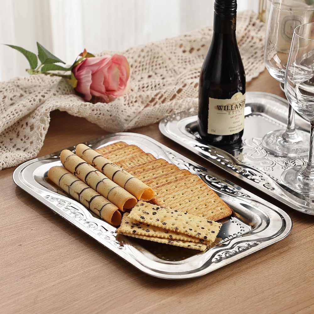 4-Pack Silver Serving Trays Set - ZENOVLUX Bow Floral Engraved Mirror Decorative Tray, 13.8" x 8.7" Party Platters for Valentine's Day, Food, Appetizer, Charcuterie, Cookies, Desserts