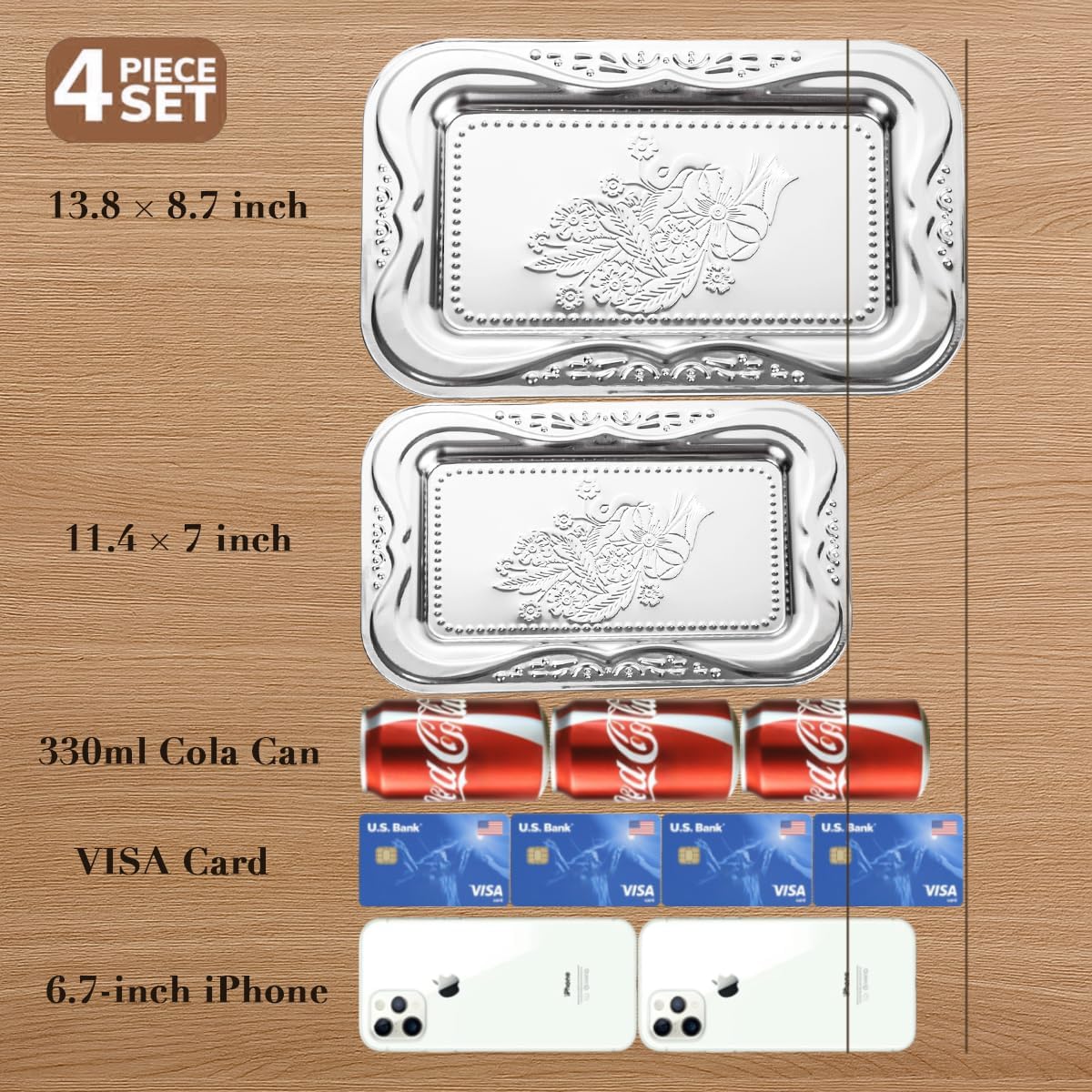 Alternative view of 4-Pack Silver Serving Trays Set - ZENOVLUX Bow Floral Engraved Mirror Decorative Tray, 13.8" x 8.7" Party Platters for Valentine's Day, Food, Appetizer, Charcuterie, Cookies, Desserts