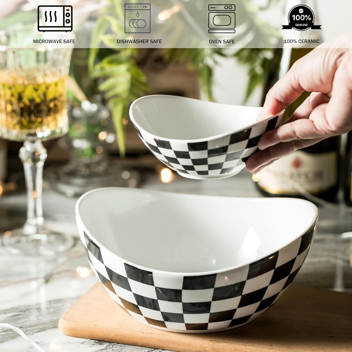 Miamolo Tiered Serving Bowls Chip and Dip Serving Set with Stand, Ceramic Appetizer Serving Dishes Platters and Trays for Parties Entertaining - Checkered Kitchen Decor