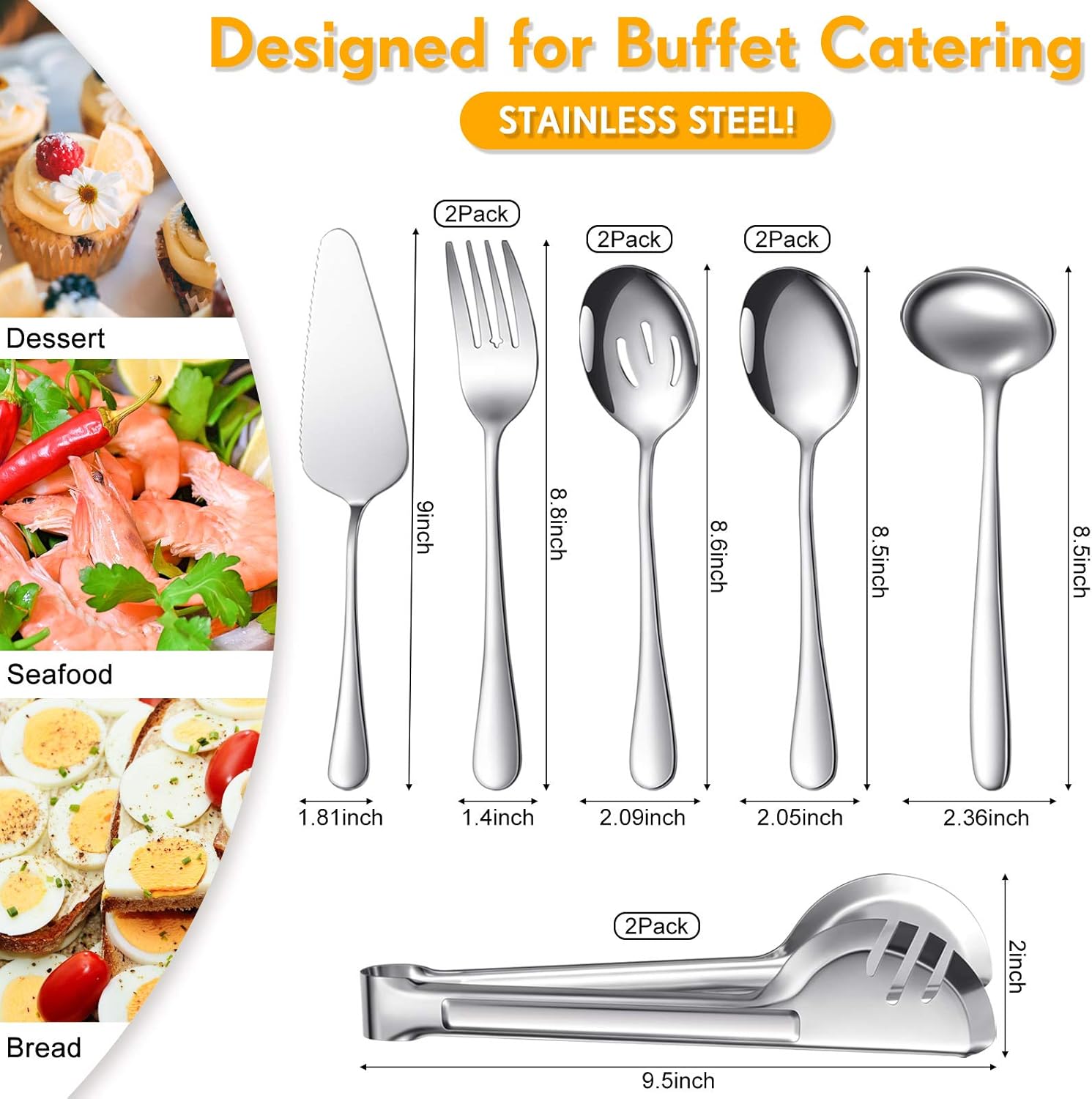 Patelai Serving Utensils Set Include Stainless Steel Large Spoons Slotted Spoons Forks Tongs Soup Ladle and Pie Server for Parties Buffet Catering, Dishwasher Safe(Silver,10 Pieces)