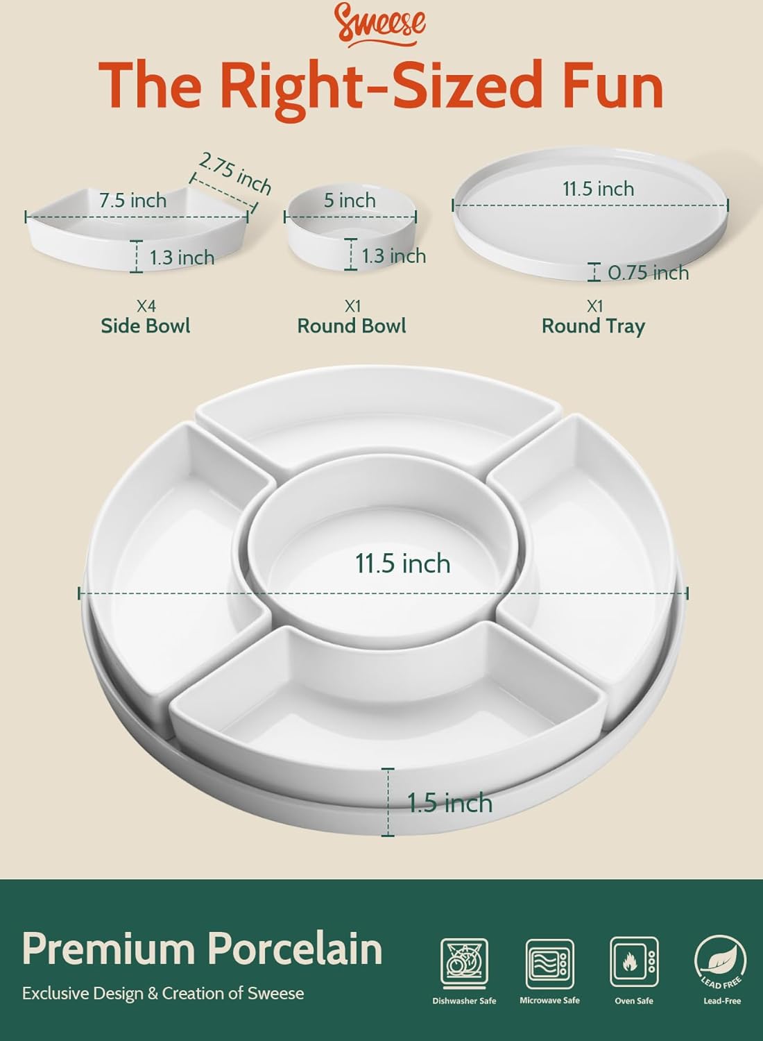 Alternative view of Sweese Porcelain Divided Serving Dishes, Relish Tray, Serving Bowls for Parties - Perfect for Chips and Dip, Veggies, Candy and Snacks, White