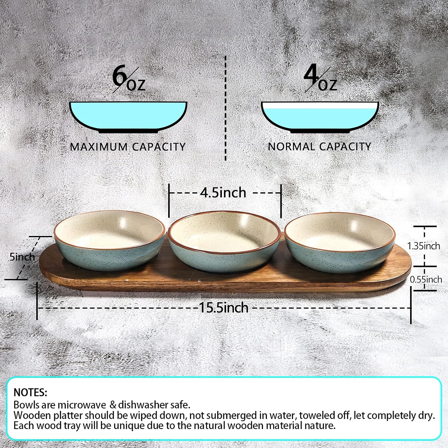 Alternative view of Artena 6oz Turquoise Solid Ceramic Chips and Dip Serving Platter with Acacia Wooden Tray, 4.5inch Glazing Small Serving Bowls/Dipping Dishes for Condiments,Side Dishes, Dipping, Pre, Dessert, Salsa
