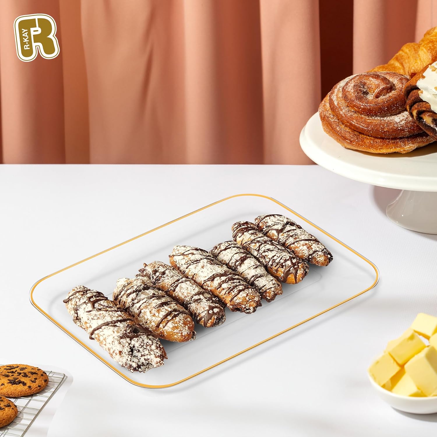 3 Pack Plastic Serving Trays for Party - Gold Serving Tray 8 x 11 Inch - Heavy Duty Dessert Trays for Food - Rectangular Party Serving Trays for Entertaining - Clear Cookie Platters