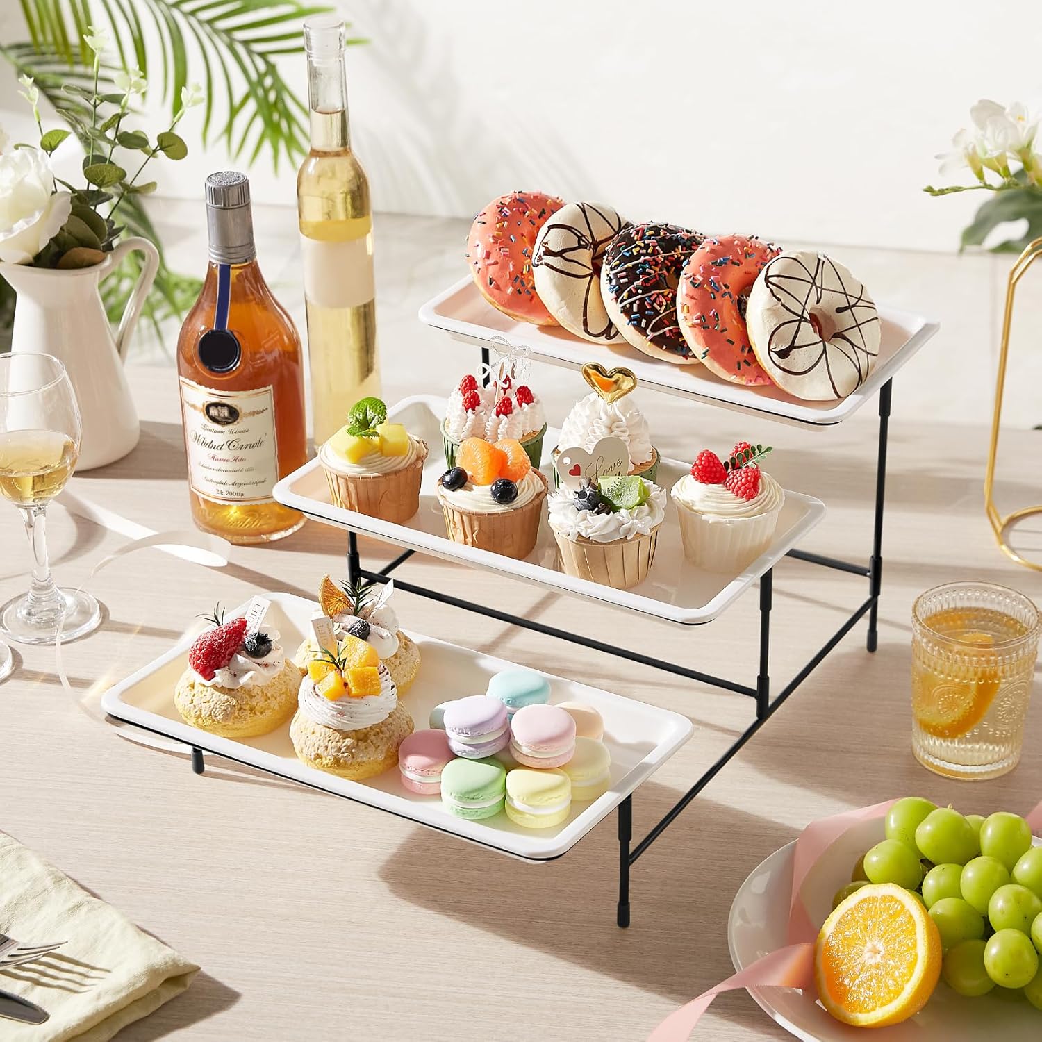 Lifewit 3 Tier Serving Tray, 12" x 6.5" White Plastic Tiered Food Serving Platters, Tiered Tray Stand for Party with Black Collapsible Metal Stand, Dessert Display Stands for Cookies, Crackers